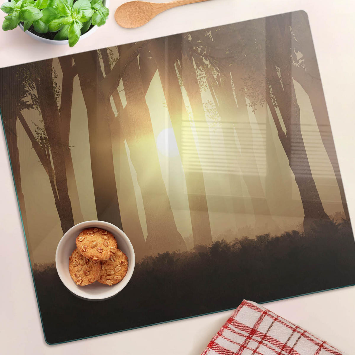 GLASPLATTE 60x52 cm Nebel im Wald - Braun, Glas (60/0.4/52cm) - TULUP