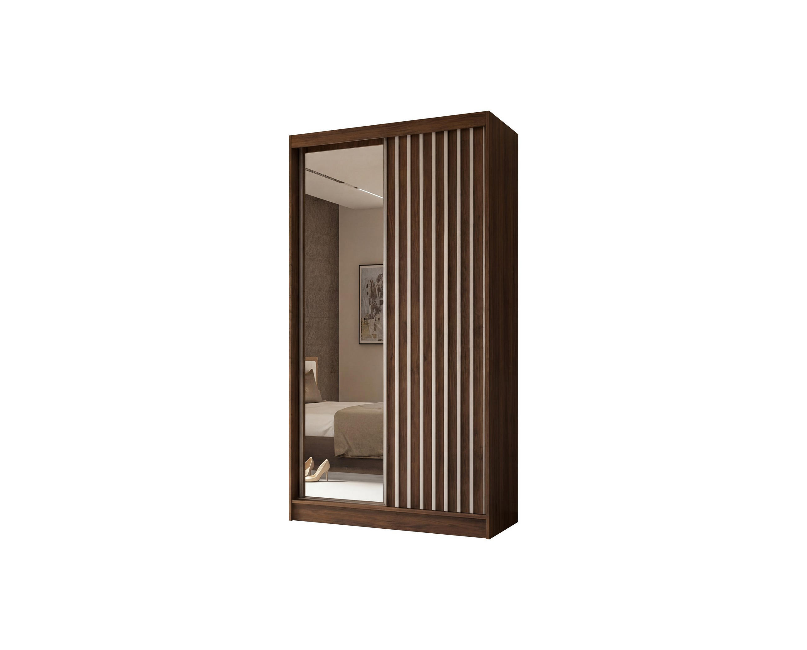 SCHWEBETÜRENSCHRANK LAMELLO 120/216/61 cm Modern Kleiderschrank 2-türig mit Spiegel Nussbaumfarben - Nussbaumfarben, Holzwerkstoff (120/216/61cm) - MASSENO