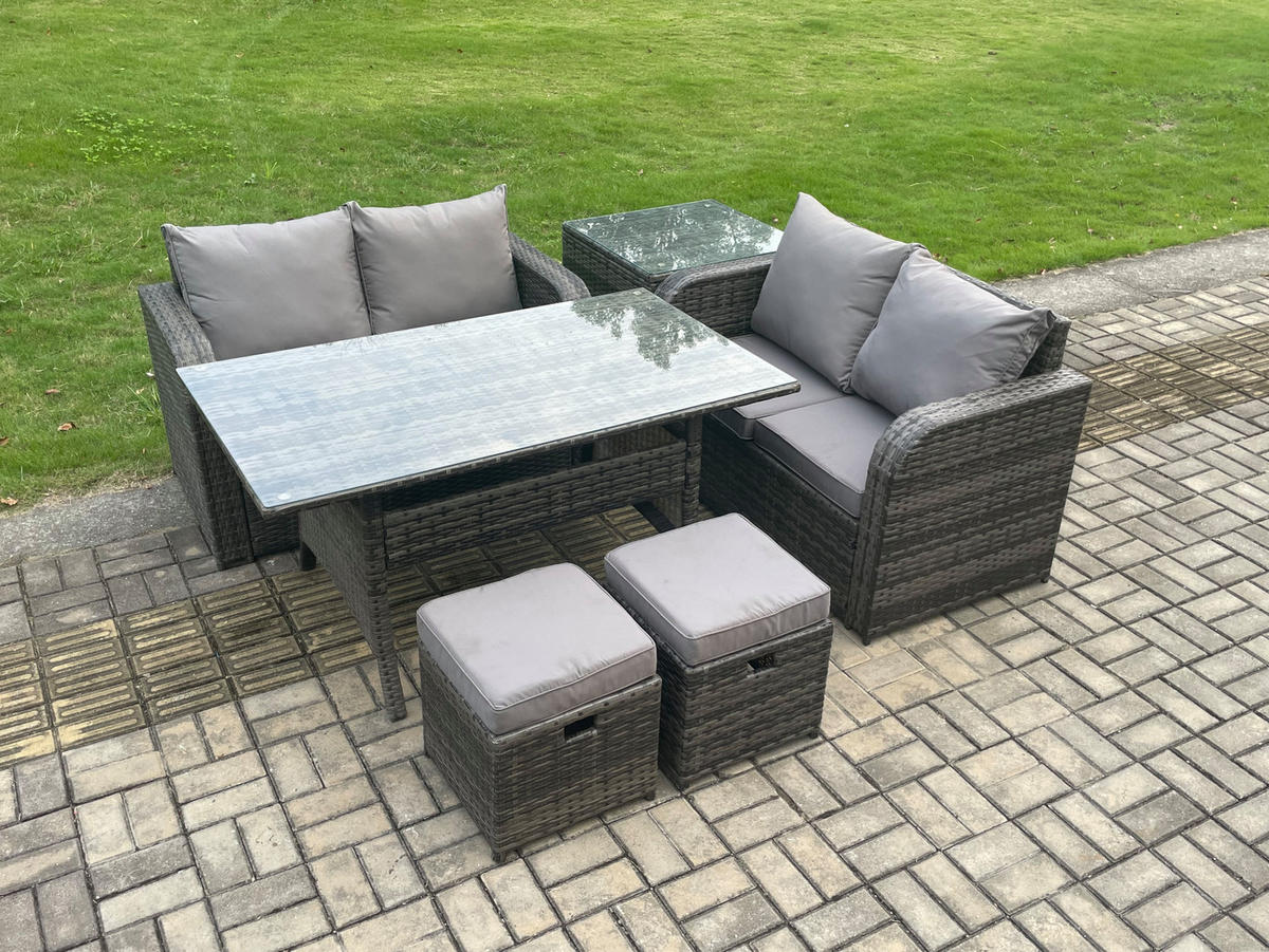 GARTENSET mit Zweisitzer,Hockern,Esstisch Polyrattan 6-Sitzer - Dunkelgrau/Grau, Glas/Kunststoff - Fimous