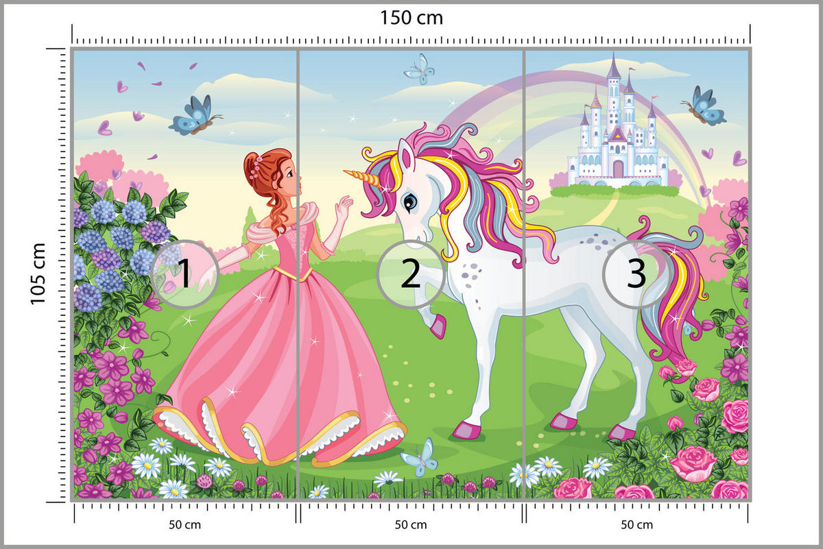 FOTOTAPETE für Kinderzimmer Prinzessin Einhorn Schloss Blumen 150x105 - Blau/Gelb, Papier (150/105cm) - Muralo