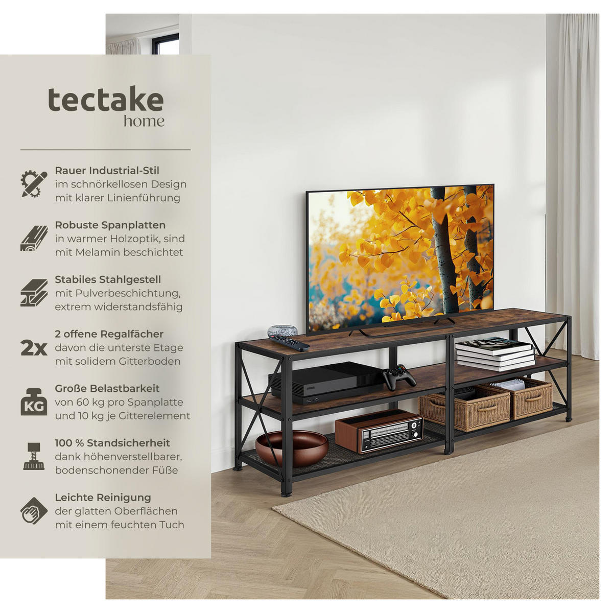 TV-REGAL Indianapolis,161 x 41,5 x 50,5 cm,Industrial Holz dunkel, rustikal - Rostfarben, Holzwerkstoff (41.5/50.5/161cm) - tectake