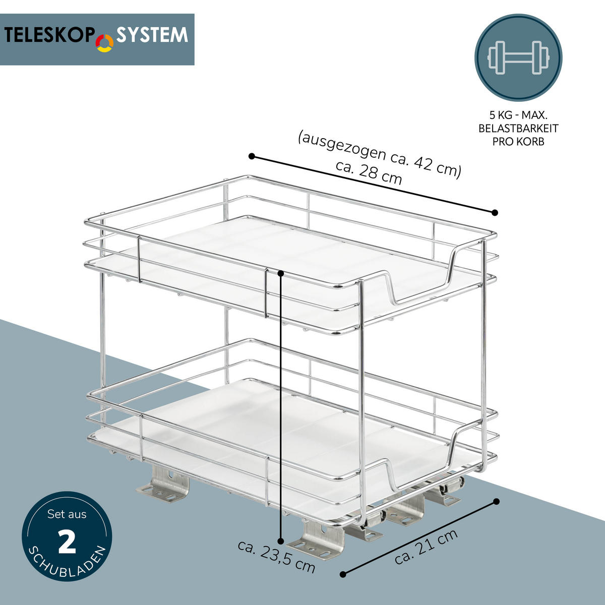 KORBAUSZUG (2er Set), 2-stöckig, Chrom - Silberfarben, Metall (21/23.5/28cm) - bremermann