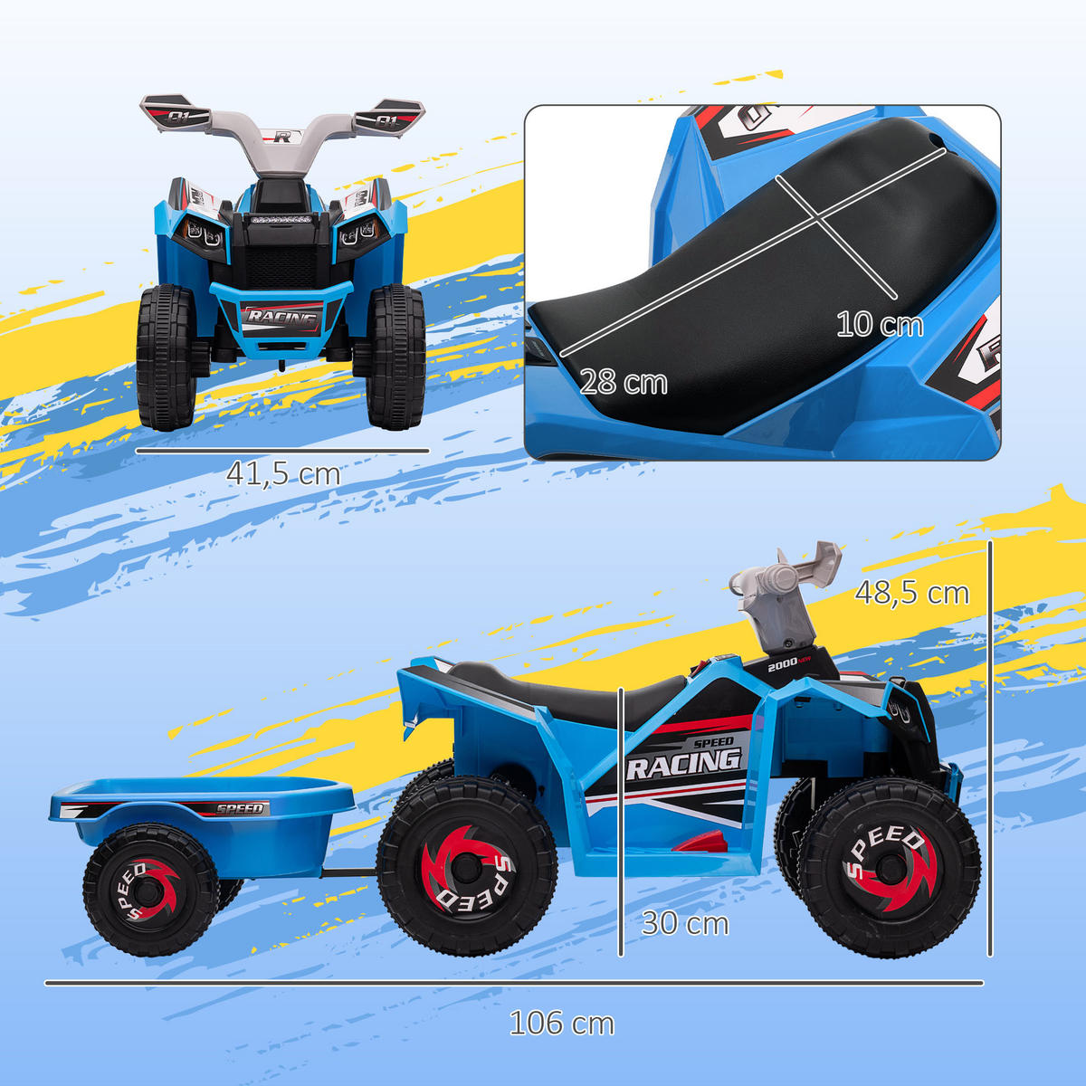 MINI ELEKTRO-QUAD KINDER, Grau+Schwarz+Blau+/Grün/Rot, Kunststoff+ Metall - Blau, Metall (106/41.5/48.5cm) - HOMCOM