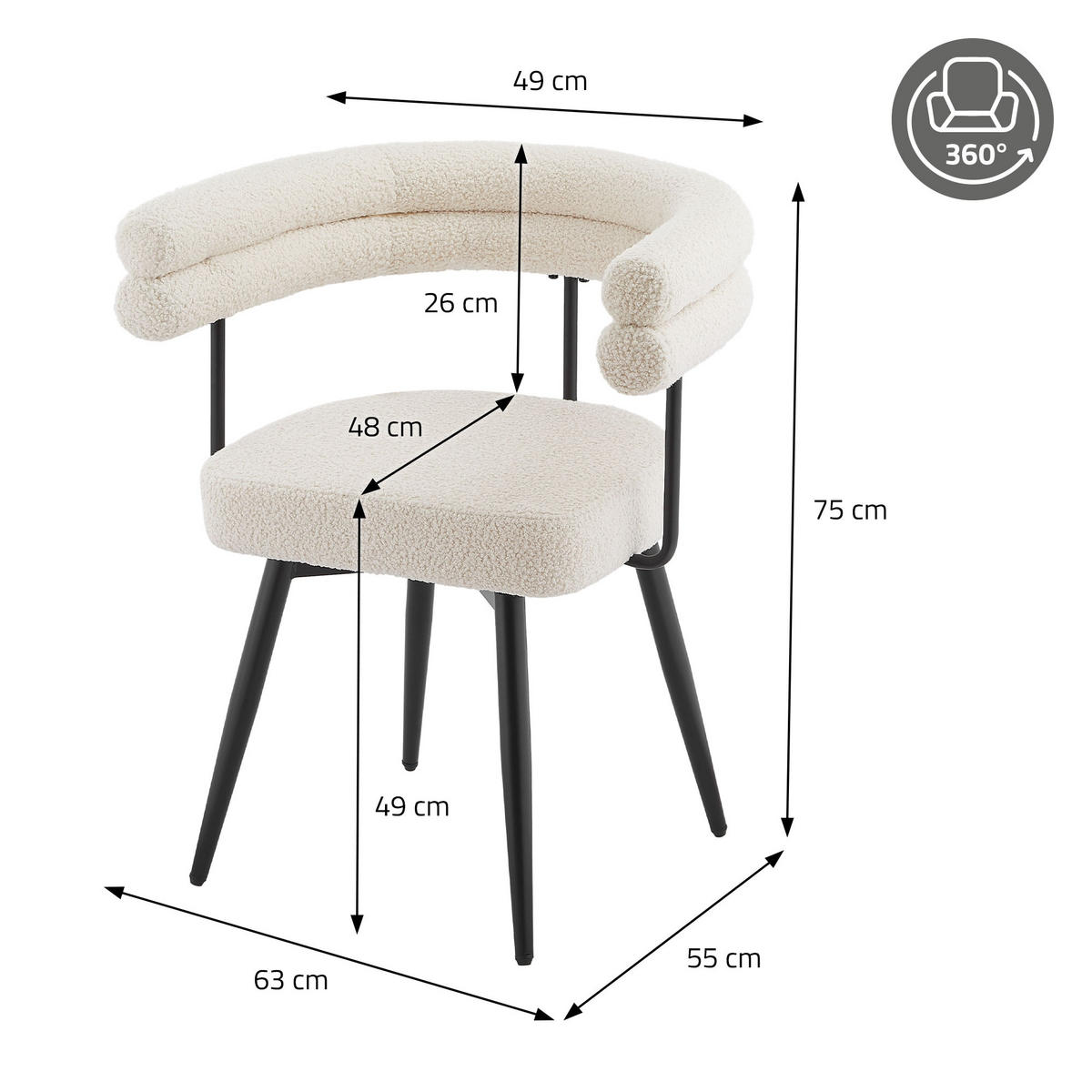 JÍDELNÍ ŽIDLE otočné, sada 4 ks, béžová látka Teddy - černá/béžová, kov/textil (63/75/55cm) - ML-DESIGN