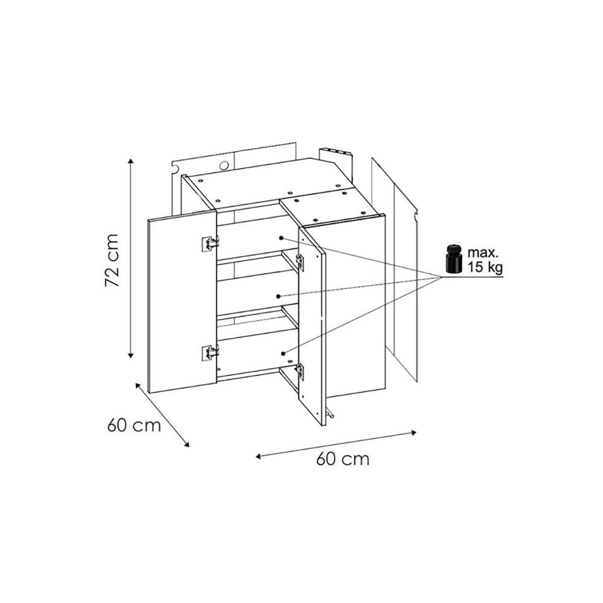 ECKHÄNGESCHRANK Essen W12/60 Schwarz Hochglanz / Weiß Matt 60 / 60 / 72cm - Schwarz Hochglanz/Schwarz, Holz/Holzwerkstoff (60/72/60cm) - Feldmann-Wohnen