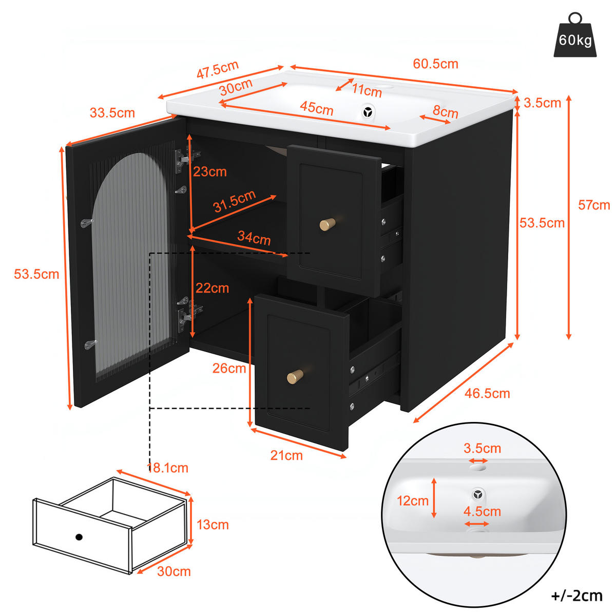 WASCHTISCHUNTERSCHRANK Schwarz 60,5/47,5/57 cm - Schwarz, Holz (60.5/57/47.5cm) - PANGIVO