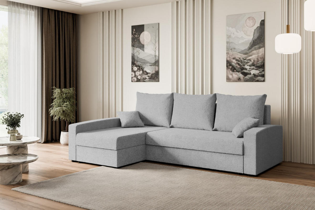 ECKSOFA mit Schlaffunktion und Bettkasten ALESIA-L 231x140x90 cm Grau Bouclé - Silberfarben/Hellgrau, Holzwerkstoff/Kunststoff (231/140cm) - ALTDECOR