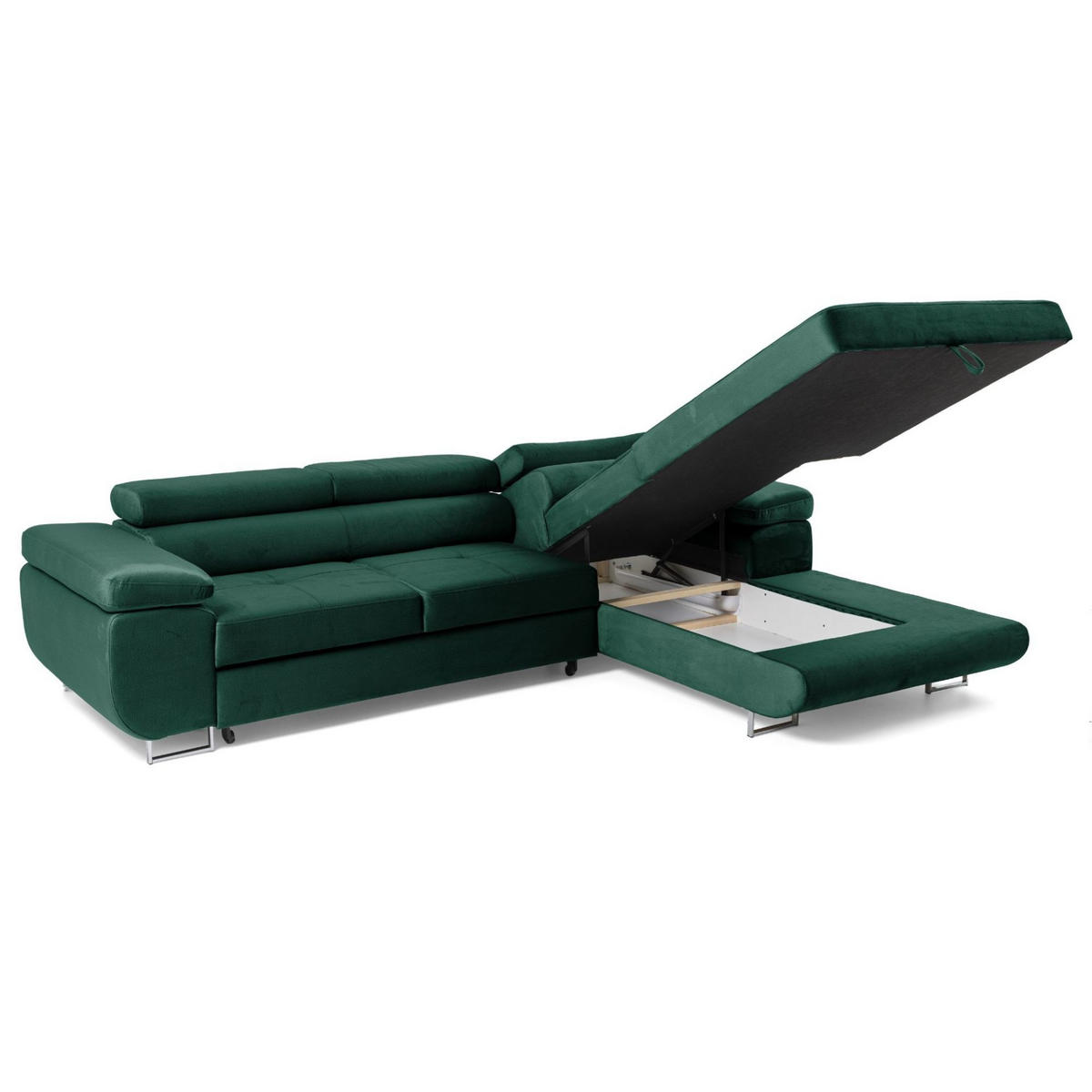 ECKSOFA ALONZO L Rechts mit Schlaffunktion 125x195 Velours Grün - Silberfarben/Grün, Holz/Textil (203/275cm) - Muffo