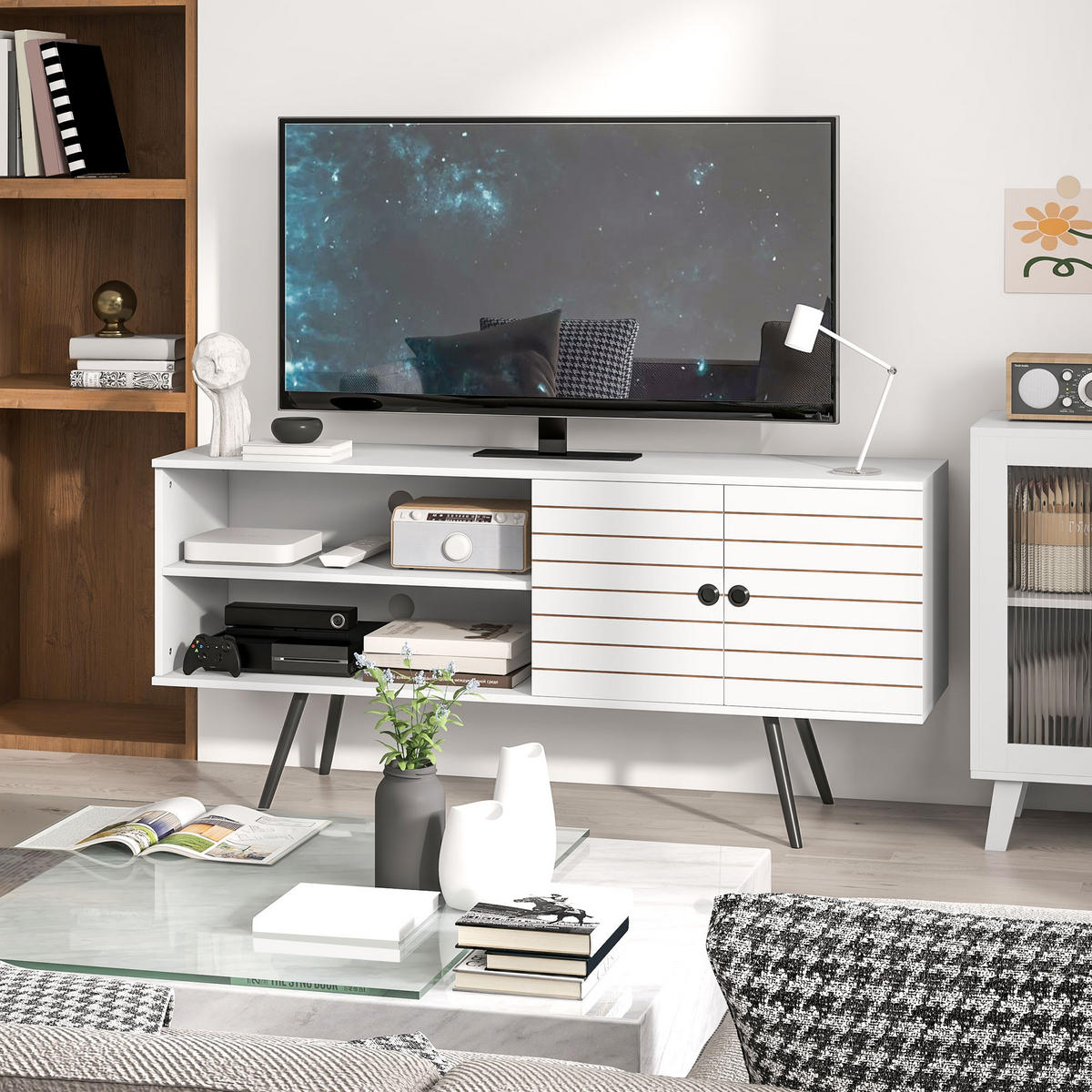 TV-LOWBOARD Weiß 145/38/65 cm, Soft-Close, Kabelmanagement, Holzbeine - Weiß, Holzwerkstoff (145/65/38cm) - PANGIVO