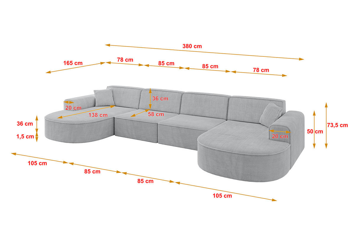 WOHNLANDSCHAFT MARI-U2 - 380x163x73,5 cm Grau Cord - Schwarz/Grau, Holzwerkstoff/Kunststoff (380/73.5/163cm) - ALTDECOR