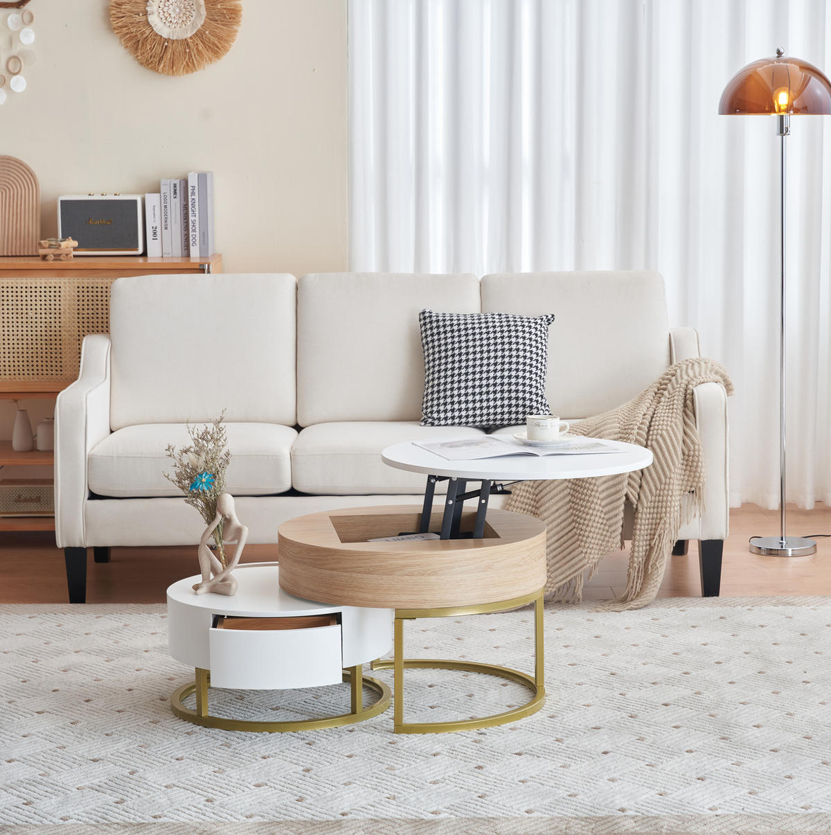 COUCHTISCH-SET aus MDF 70x70x56/60x60x27 cm Weiß und Gold mit höhenverstellbarer Platte, Schublade und Nestdesign - Weiß, Holzwerkstoff (70/70/56.5cm) - Modfu