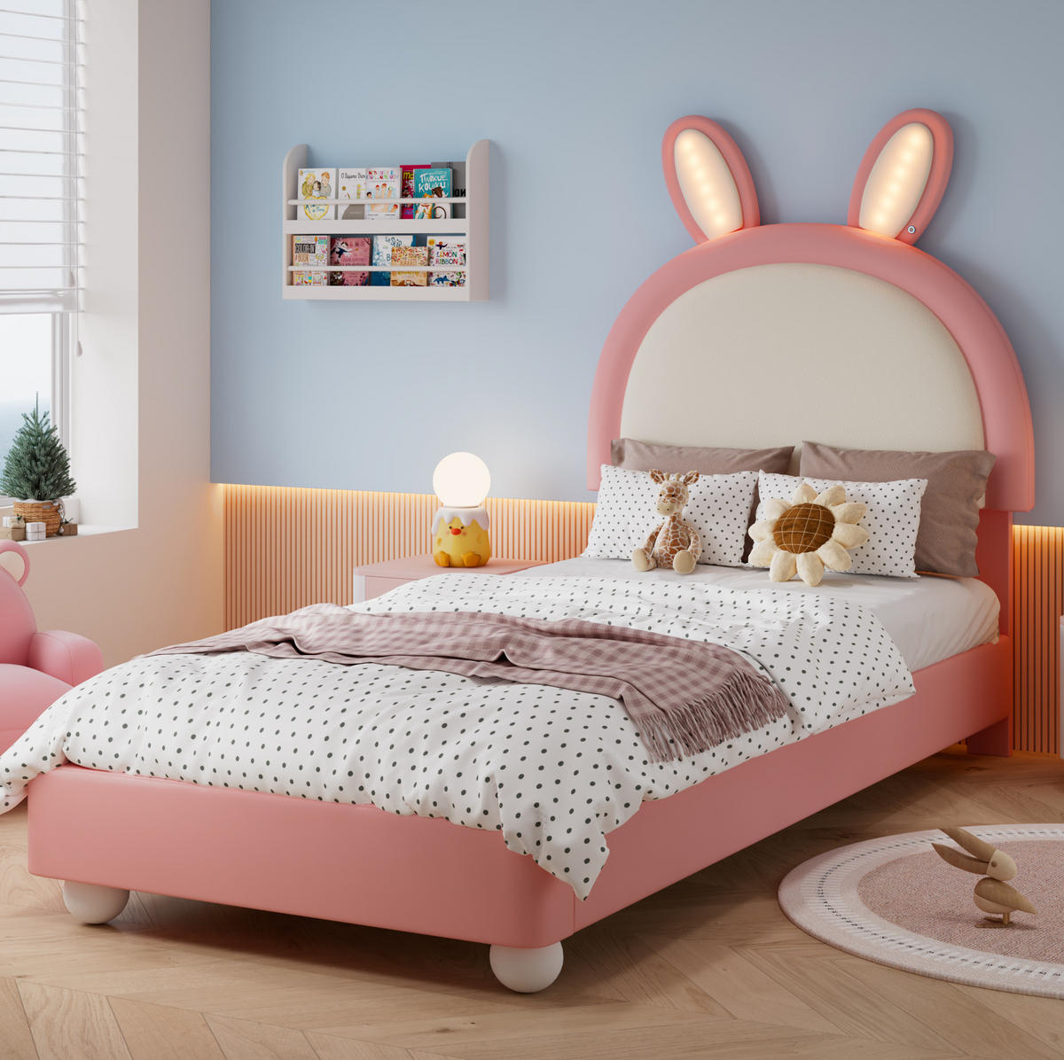POLSTERBETT 90/200 cm Rosa+Weiß aus PU mit LED und Hasen-Kopfteil - Weiß, Kunststoff (90/200cm) - OKWISH