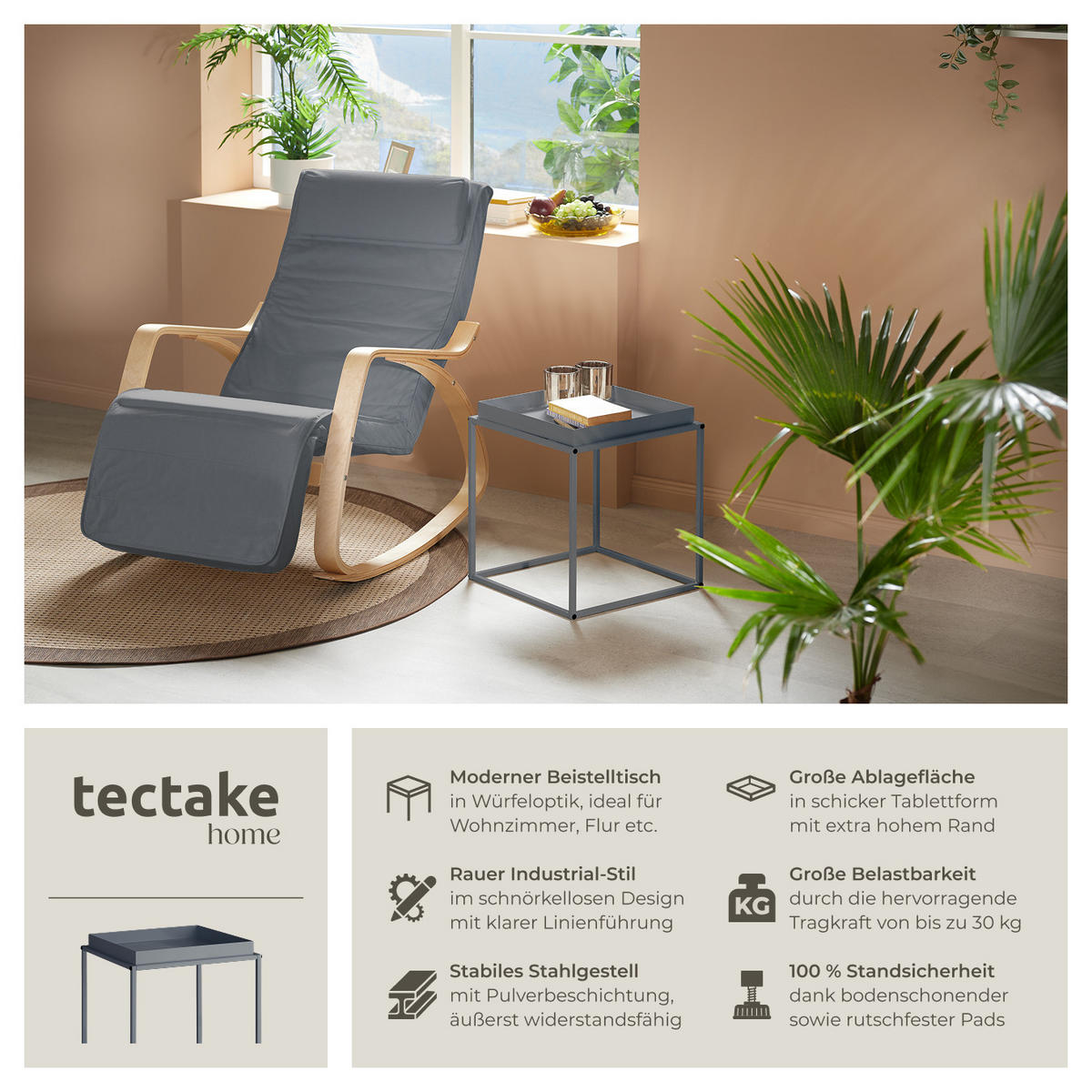 BEISTELLTISCH Cambridge,40 x 40 x 44 cm,dunkelgrau - Dunkelgrau, Metall (40/40/44cm) - tectake