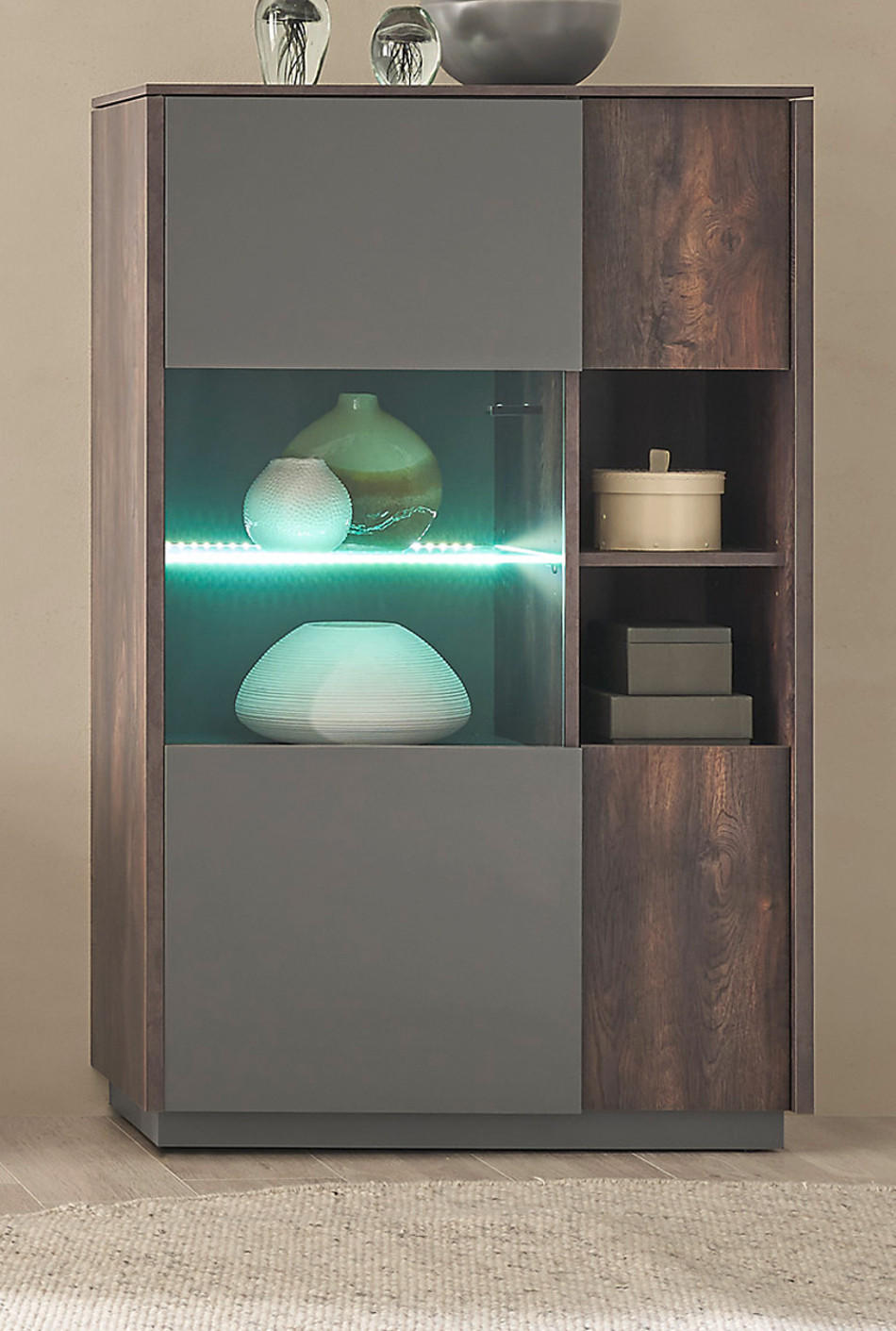 VITRINE Piano in Eiche und grau 80 x 130 cm - Schwarz/Naturfarben, Glas/Holzwerkstoff (80/130/40cm) - Furn.Design