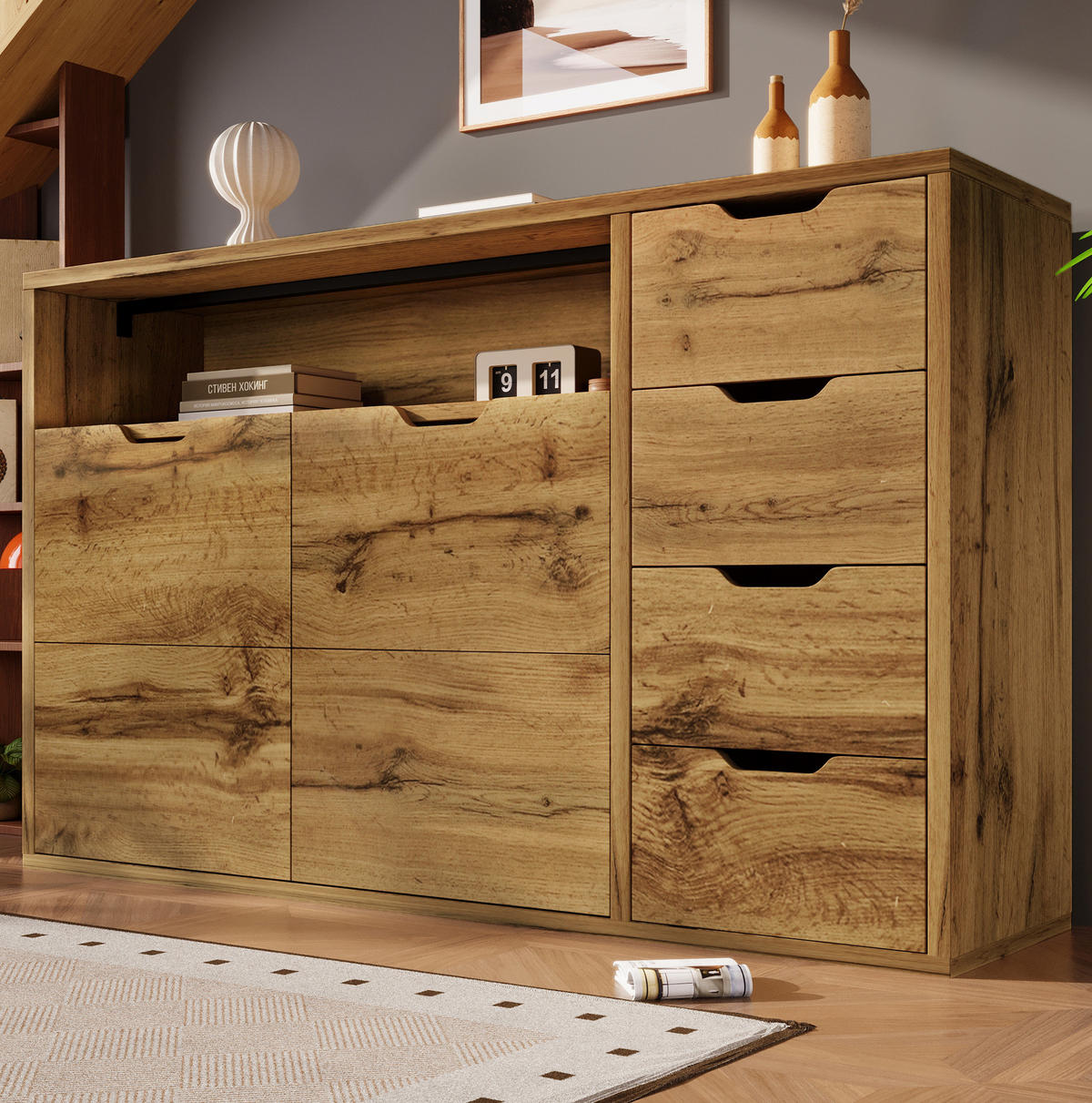 KOMMODE aus MDF und Metall 150x40x90 cm Eiche mit 4 Schubladen und verstellbaren Einlegeböden - Eichefarben, Holzwerkstoff (150/90/40cm) - IVMEU