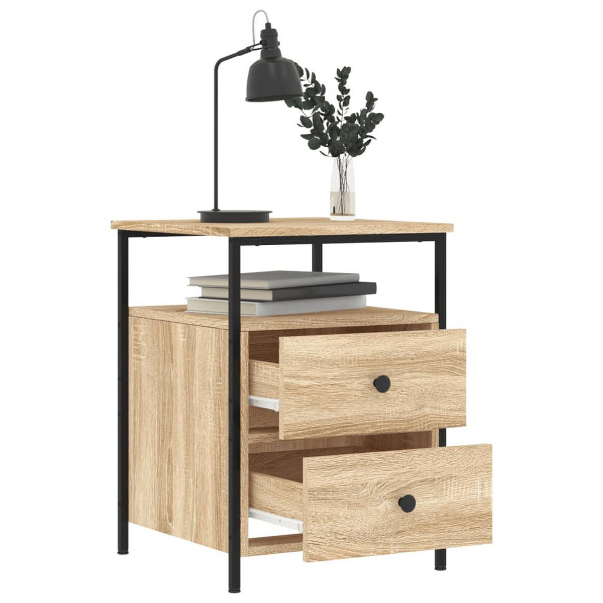 NACHTTISCH 2-teilig mit 2 Schubladen 44/45/60 cm aus Holzwerkstoff in Sonoma-Eiche Dekor - Schwarz/Sonoma Eiche, Holz/Metall (44/60/45cm) - vidaXL
