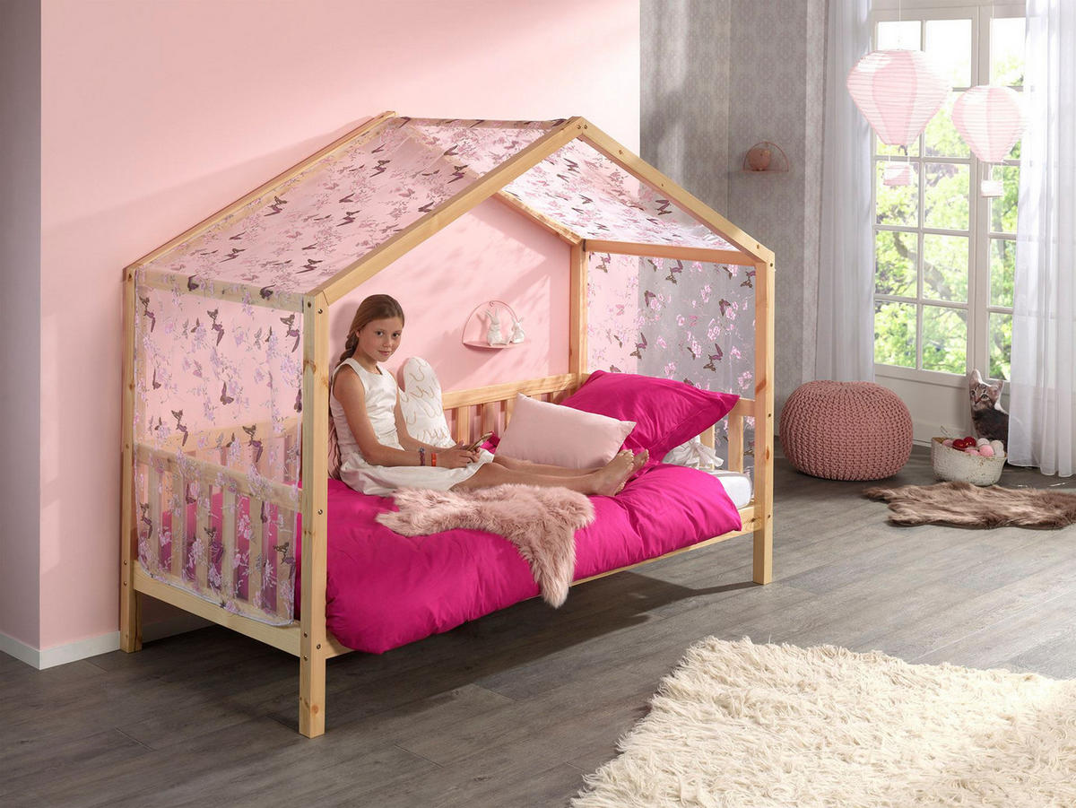 HAUSBETT mit Textilhimmel Kapua 210x170x97 aus Massivholz in Natur - Pink, Holz (90/200cm) - 58aufmkessel