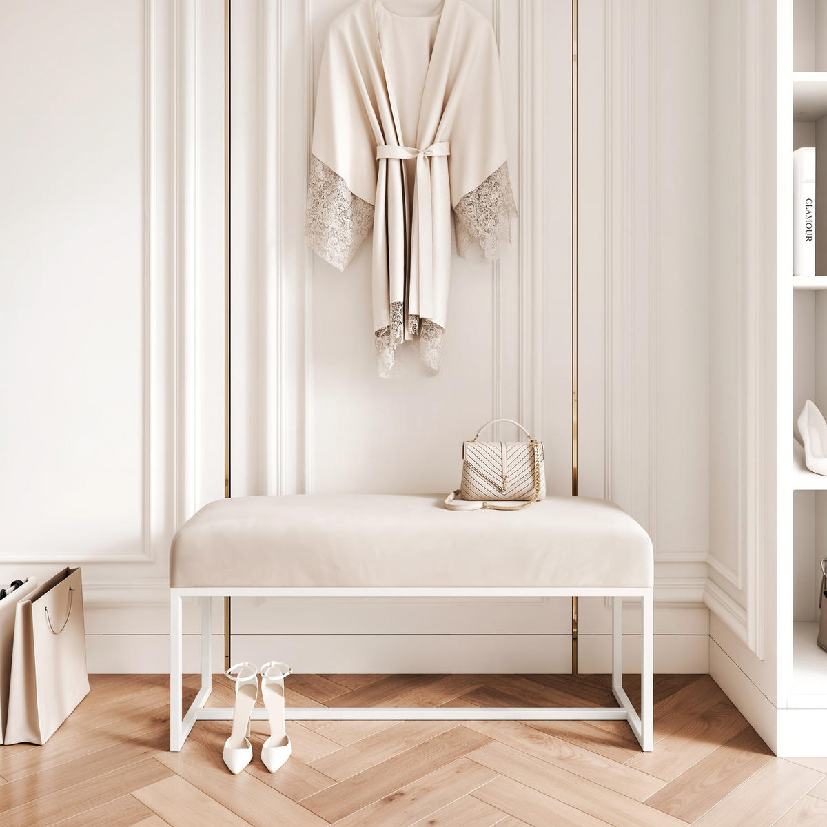 POLSTERBANK MUSE 100 cm Weiß / Creme ,Metallgestell - Creme, Metall (100/47/30cm) - Idohome
