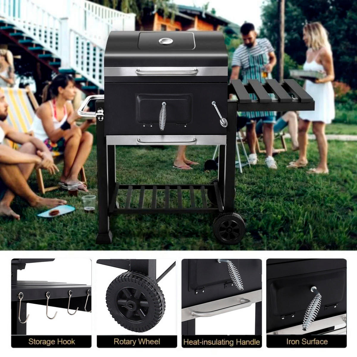 HOLZKOHLEGRILL mit 2 Edelstahl-Grillroste und Rollen aus Eisen in Schwarz pulverbeschichtet rostbeständig 78 x 54 x 32 cm - Schwarz, Metall (45/100/113cm) - Livingandhome
