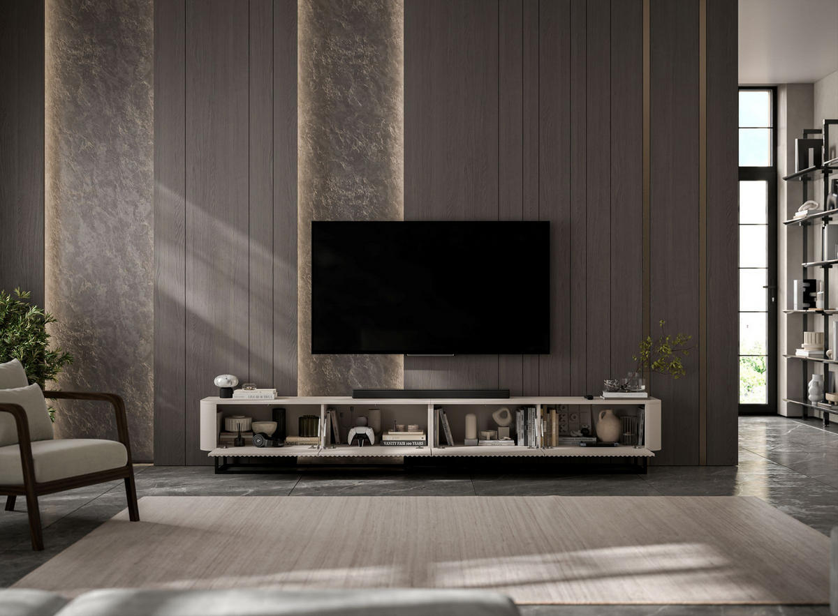 TV omarica Aurora, komplet 2 kosov s kovinskim okvirjem, mat kašmir, 280 cm - kašmir/črna, kovina/leseni material (280/44/35cm) - Meble Lindner