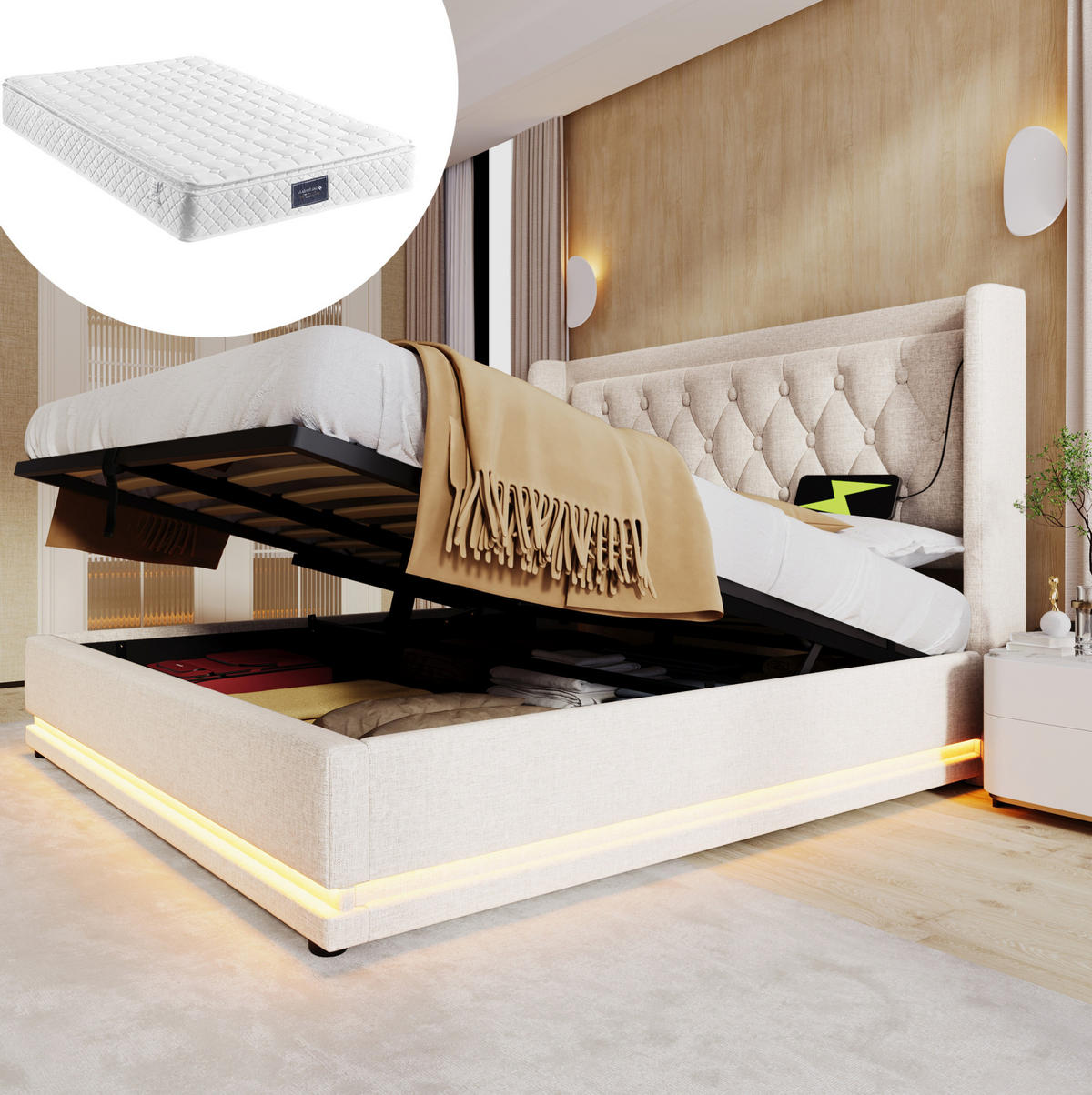 ČALOUNĚNÁ postel 140/200 cm béžová z bavlny s úložným prostorem LED USB-C a matrací - béžová, textil (140/200cm) - OKWISH