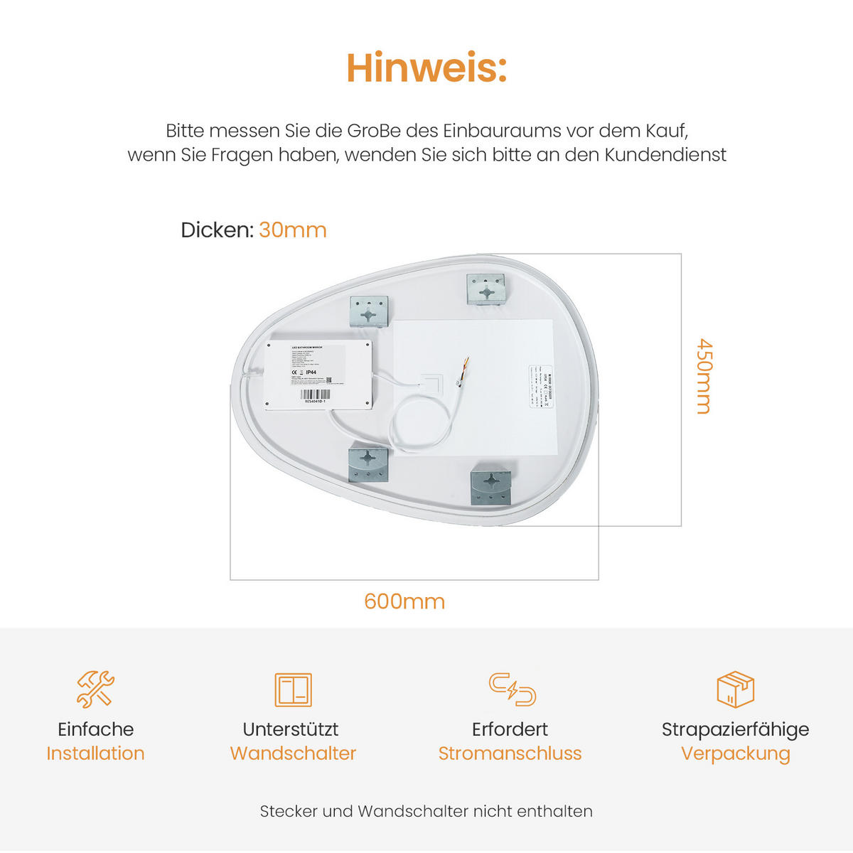 BADSPIEGEL mit Touch-Schalter, Dimmbar 60/45/3 cm - Weiß, Glas (45/2.9/60cm) - EMKE