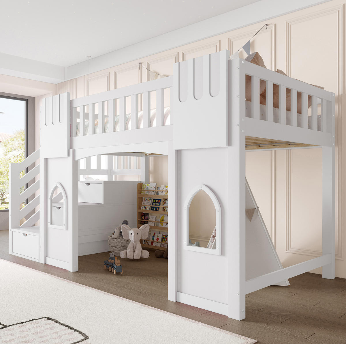 HOCHBETT 90/200 cm aus Kiefer, MDF und Sperrholz mit Stauraumtreppe und Fenstern Weiß - Weiß, Holzwerkstoff (90/200cm) - Modenvie