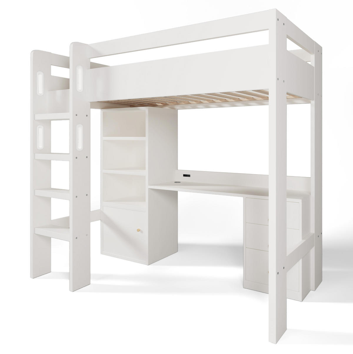 HOCHBETT 90/200 cm in Weiß mit Schreibtisch, Stauraum und USB- und Type-C-Anschlüssen - Weiß, Holzwerkstoff (90/200cm) - Flora Grace