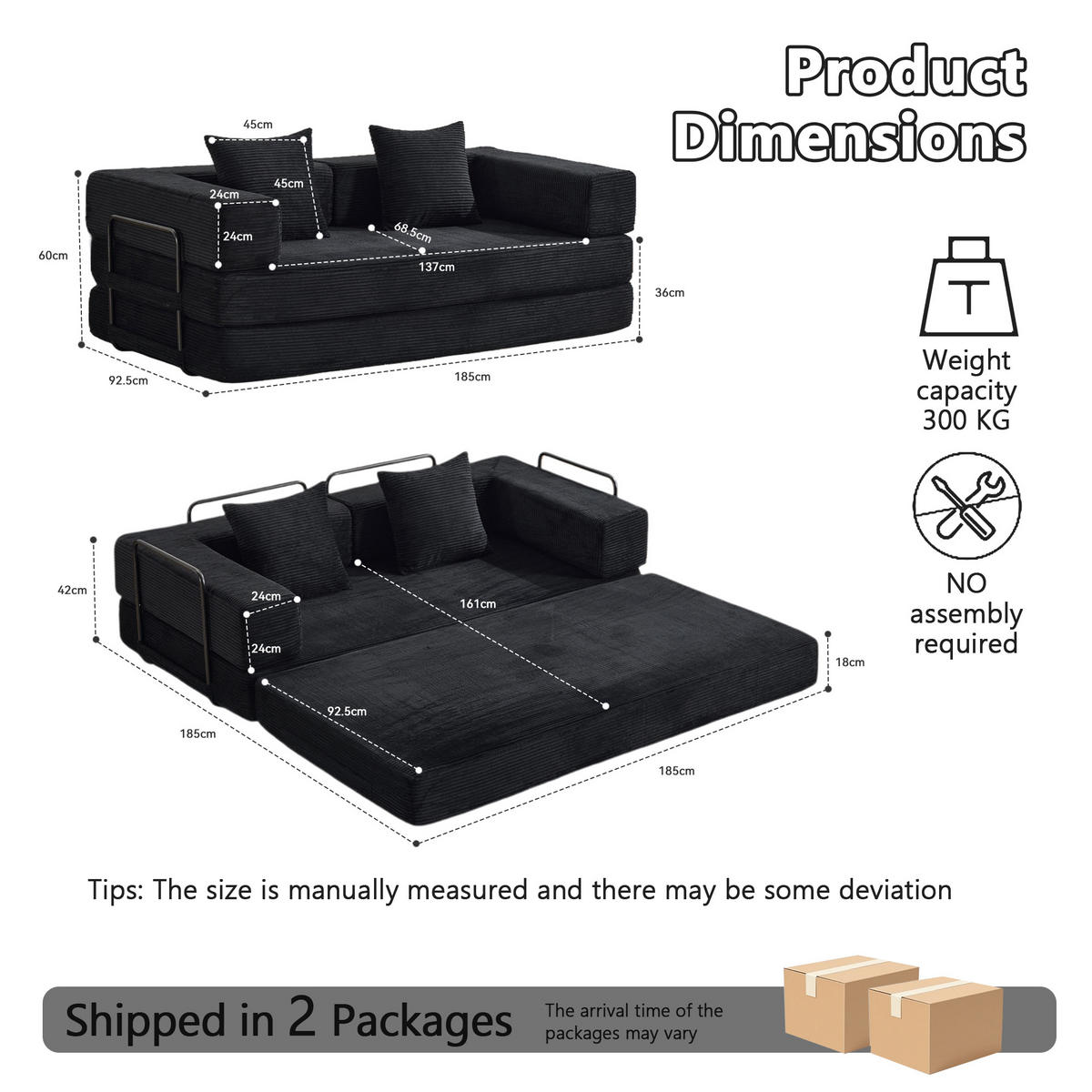 SCHLAFSOFA 2-in-1 faltbar aus Cordstoff, DE-42533, Schwarz - Schwarz, Textil (185/60/92.5cm) - ComfortXL