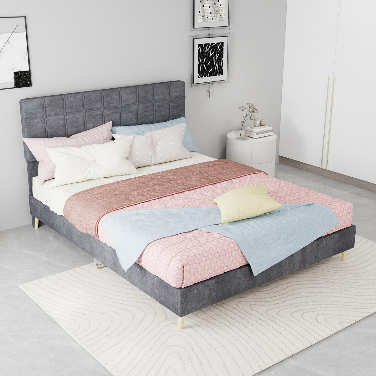 POLSTERBETT 140/200 cm DE-32955 mit Karosteppung-Kopfteil und Matratze Grau - Grau, Metall (140/200cm) - ComfortXL