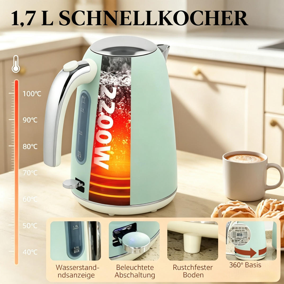 WASSERKOCHER‑SET mit Toaster, 1,7 L kabelloser elektrischer Wasserkocher & 2‑Scheiben‑Toaster, Retro‑Frühstücksset in Mint‑Grün für die moderne Küche - Mintgrün, Metall (17.9/19.2/28.9cm) - Joyfair