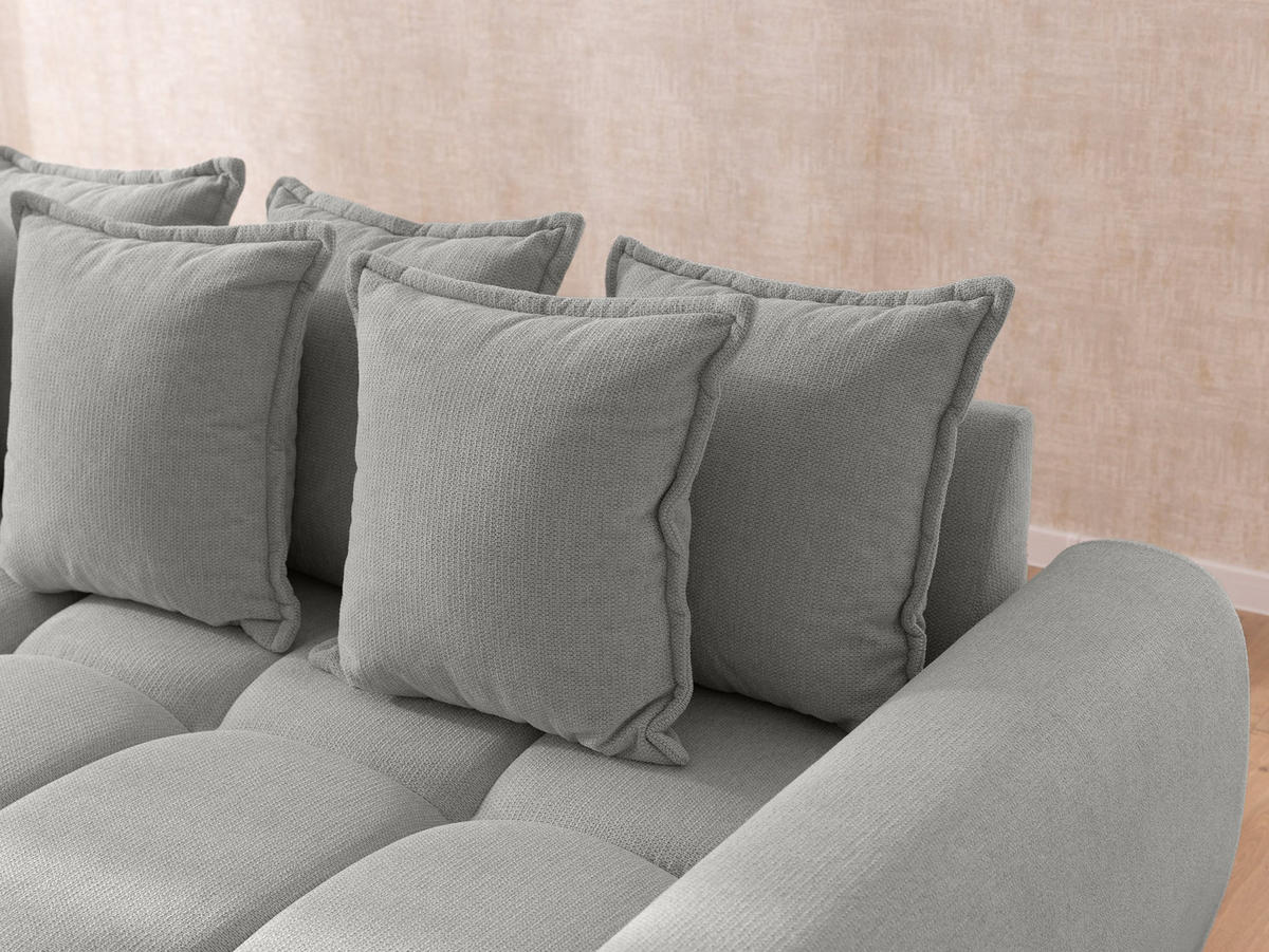 ECKSOFA inkl. Hocker Bubble mit Schlaffunktion und losen Rückenkissen, Sitzfläche Bubble-Optik aus weichem Hellegrau Strukturstoff - Ottomane Rechts - Hellgrau/Schwarz, Holz/Kunststoff (306/180cm) - S-Style Möbel