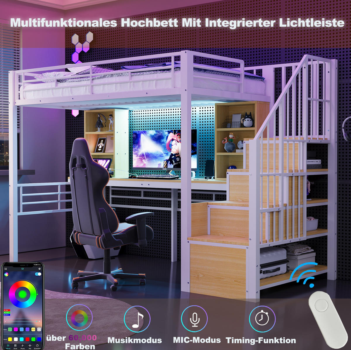 HOCHBETT 90/200 cm aus MDF und Metall mit Schreibtisch, Treppe, LED, Weiß - Weiß, Holzwerkstoff (90/200cm) - OKMYHOME