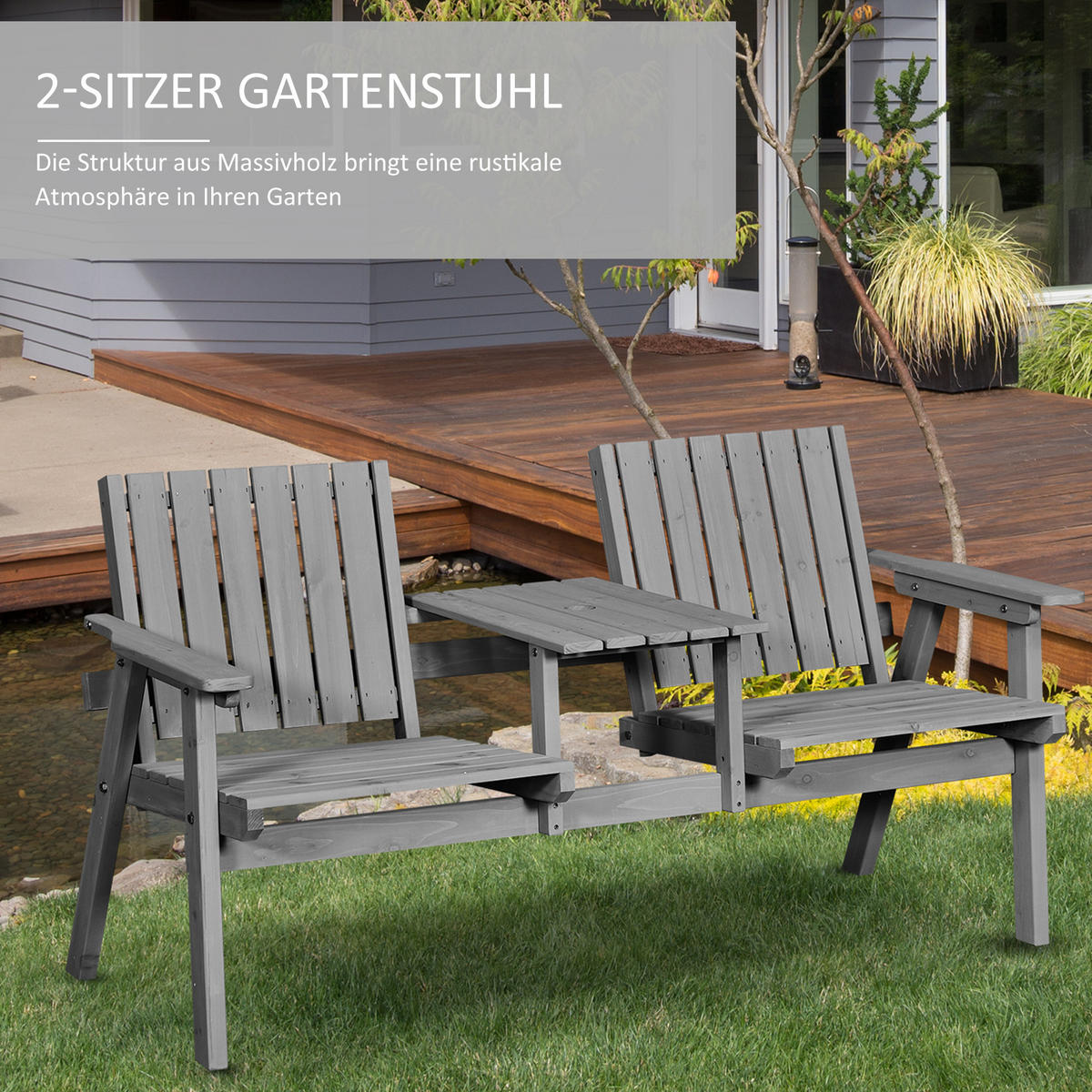 GARTENBANK, mit Tisch, 2 Stühle, 152 x 70 x 83 cm, Massivholz, Grau - Grau, Holz (70/83/152cm) - Outsunny