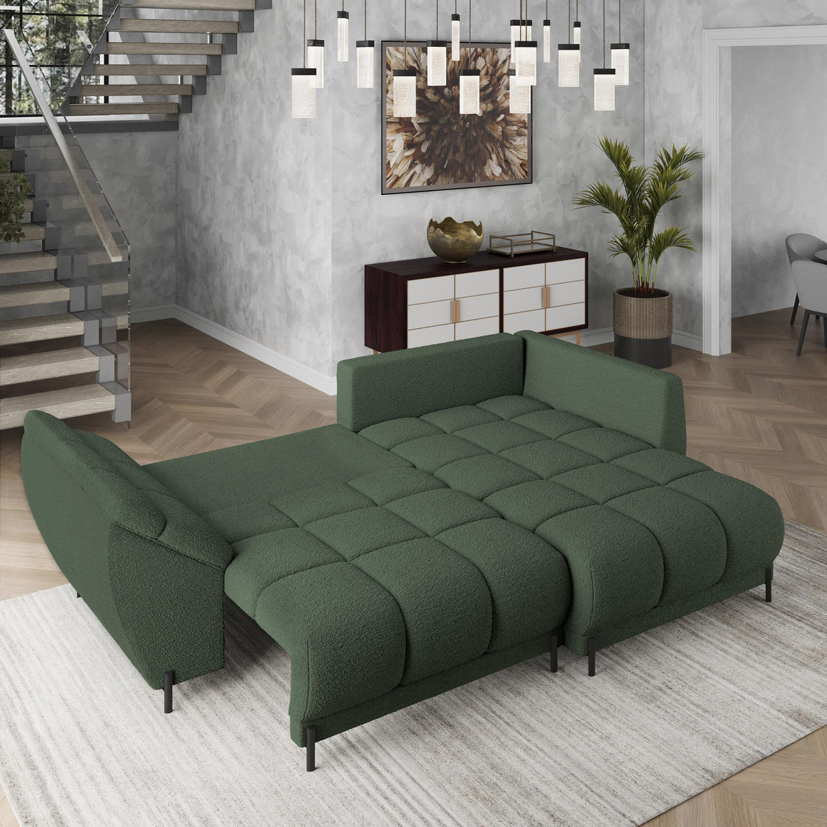 ECKSOFA VESTANO R-S Grün Boucle-Stoff mit Schlaffunktion - Grün, Holz (287/182cm) - MASSENO