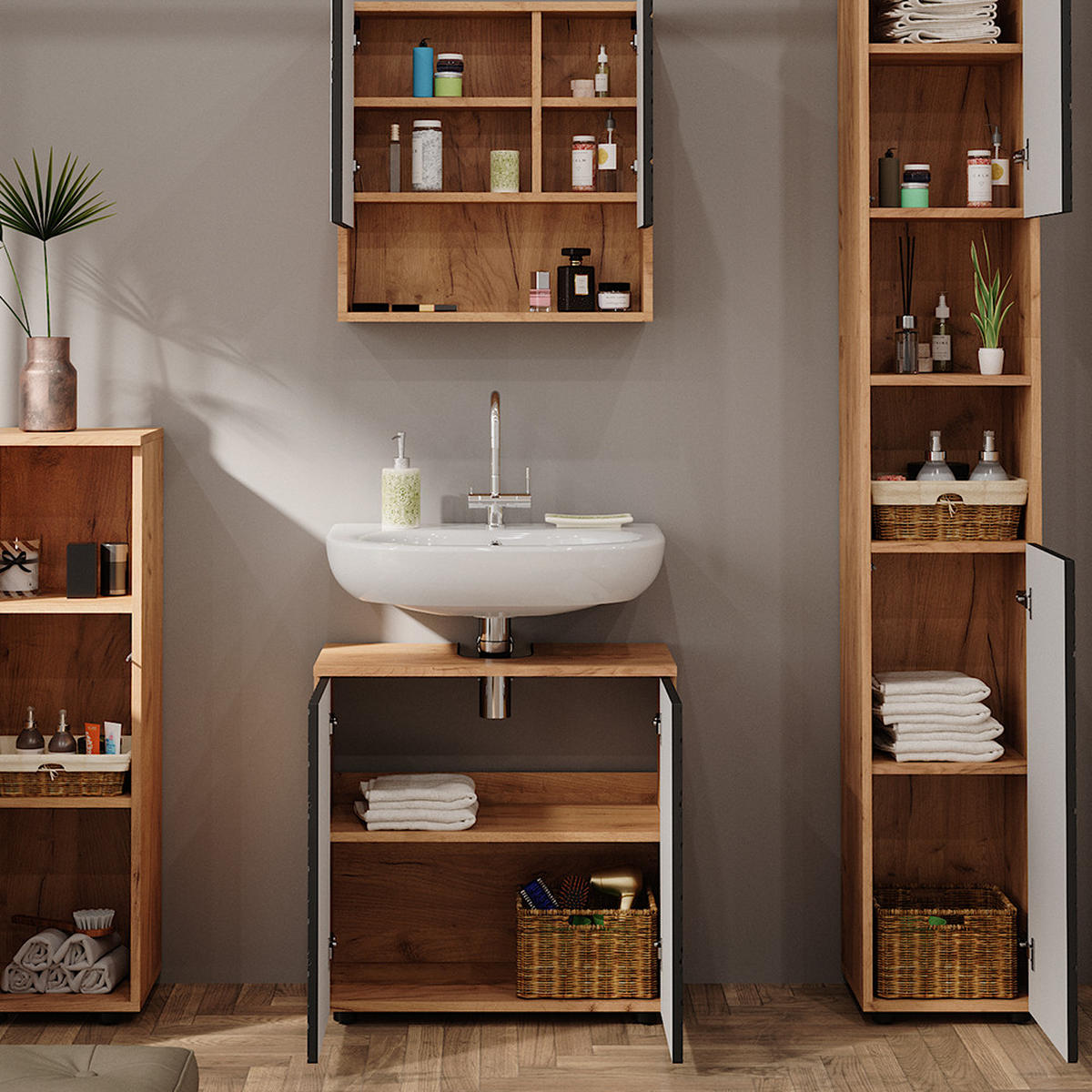 BADMÖBEL-SET Irma Anthrazit gestreift 4 Teile, mit Hochschrank - Honigeiche/Anthrazit, Holzwerkstoff (80/58.6/41cm) - Vicco