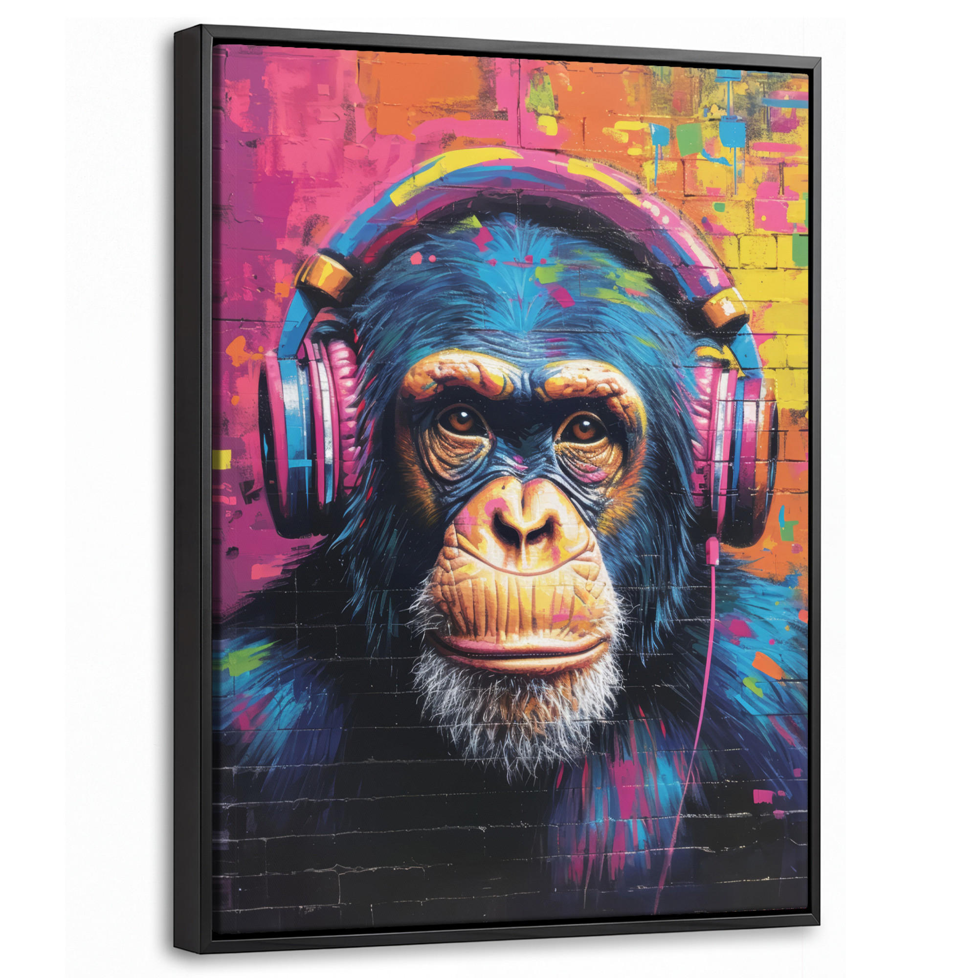 LEINWAND Bilder mit Rahmen - Graffiti - Schimpanse - Straßenkunst - Kopfhörer - Affe - 30x40 - Blau, Textil (30/40cm) - MuchoWow