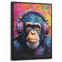 LEINWAND Bilder mit Rahmen - Graffiti - Schimpanse - Straßenkunst - Kopfhörer - Affe - 30x40 - Blau, Textil (30/40cm) - MuchoWow