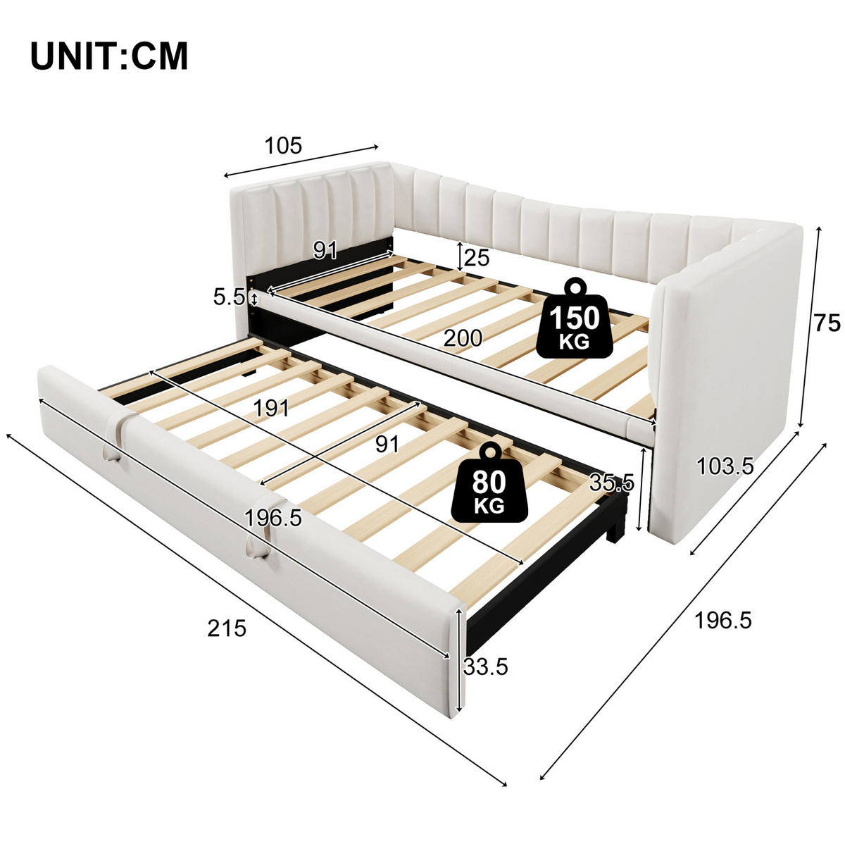 POLSTERBETT aus Samt 90x200 cm Weiß mit ausziehbarem Rollbett und multifunktionalem Daybed-Design - Weiß, Textil (180/200cm) - Modfu