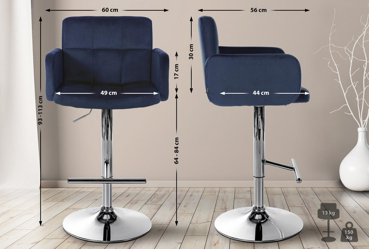 BARHOCKER Lausanne Samt chrom blau - Blau/Chromfarben, Textil/Metall (60/113/56cm) - TPFLiving