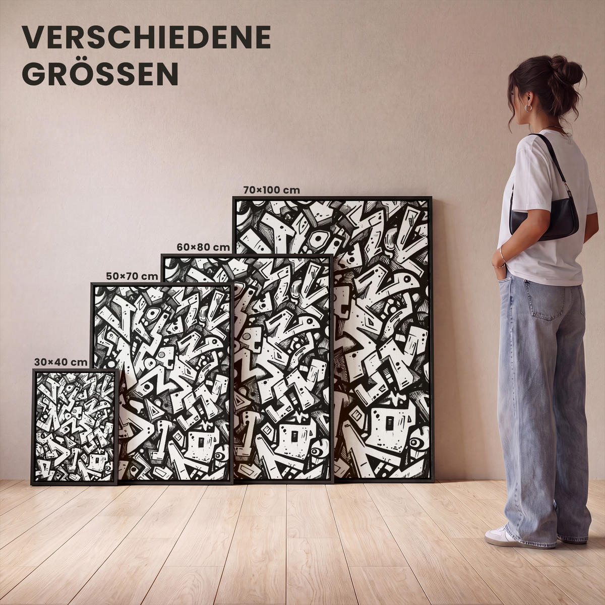LEINWAND Bilder mit Rahmen - Formen - Buchstaben - Graffiti - Schwarz - 70x100 - Schwarz, Textil (70/100cm) - MuchoWow