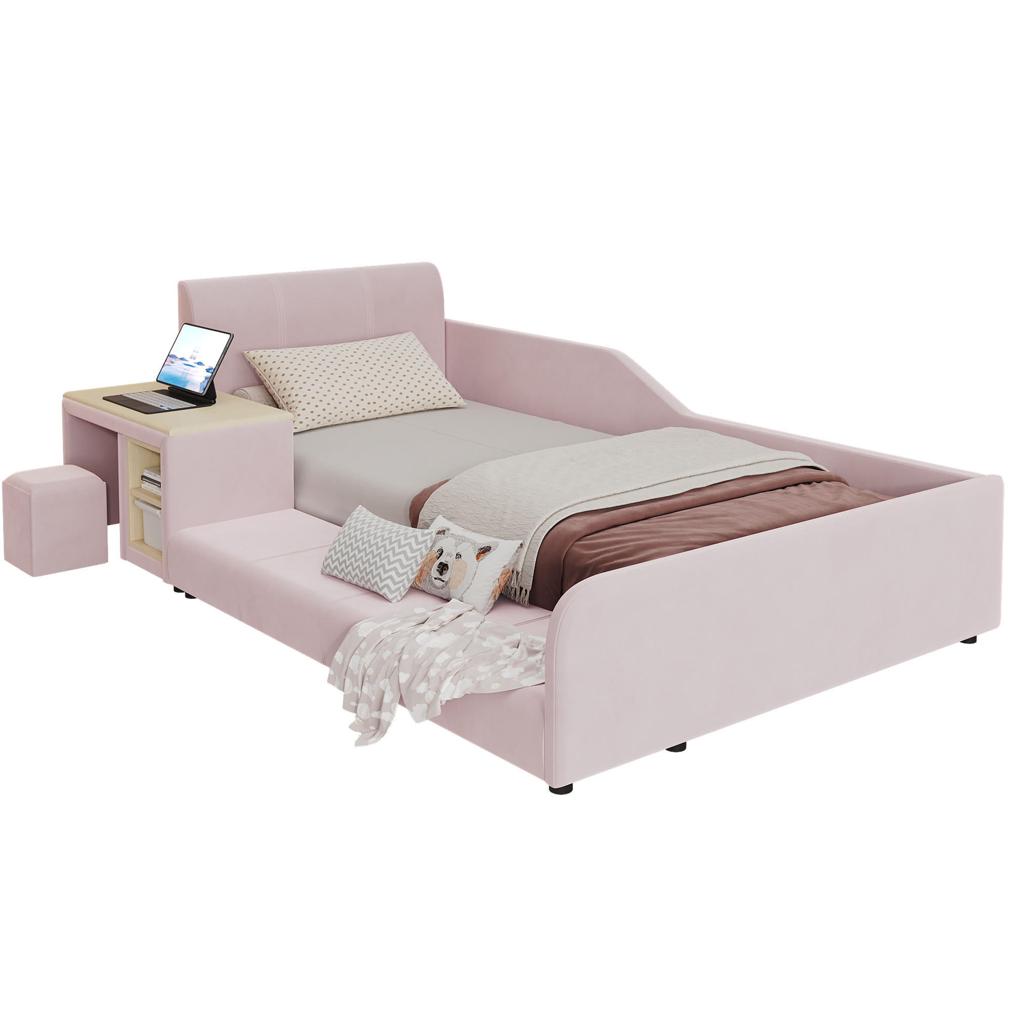 POLSTERBETT 90/200 cm in Pink mit Schreibtisch, Hocker und Ablageboden aus Samt - Rosa, Holzwerkstoff/Textil (90/200cm) - STILVORA