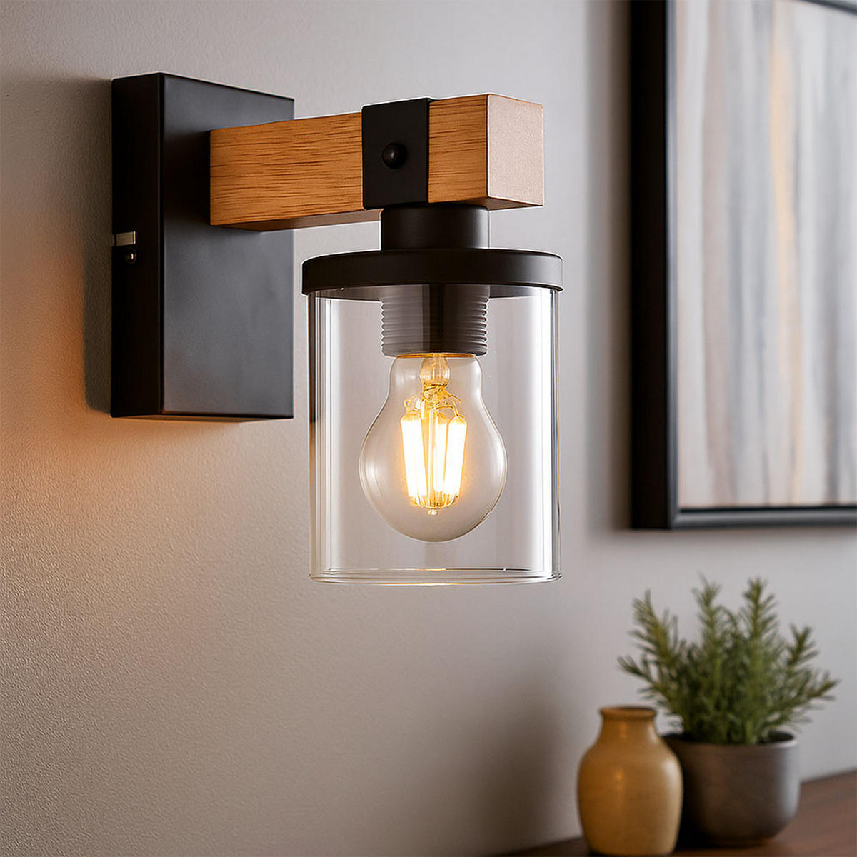 WANDELEUCHTE Metall Schwarz Holz - Schwarz, Glas (10/22.5/17cm) - Globo Lighting