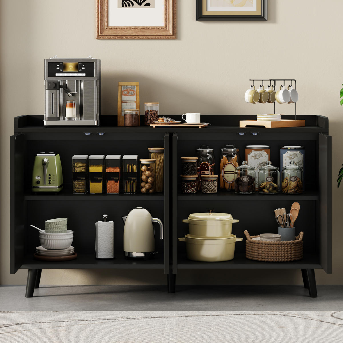 SIDEBOARD DE-38640 140/40/84 cm 4 Türen und verstellbare Böden Schwarz - Schwarz, Holzwerkstoff (140/84/40cm) - ComfortXL