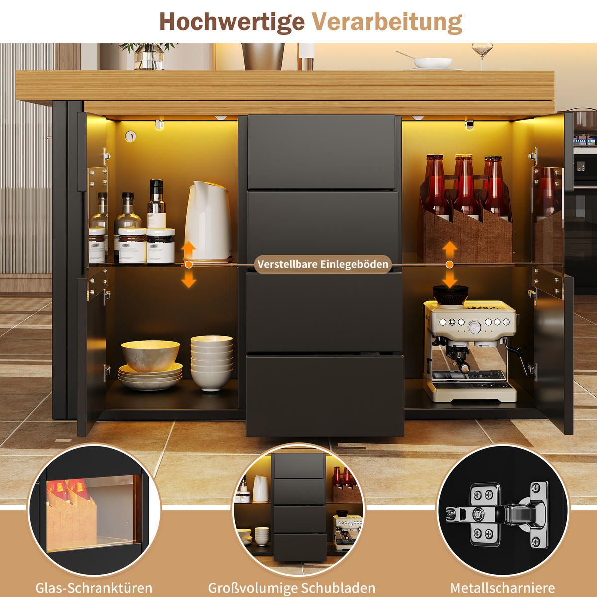 KÜCHENINSEL 360° Drehbar RGB LED App Schubladen Schwarz - Schwarz, Metall (120/73.8/40cm) - FLIEKS