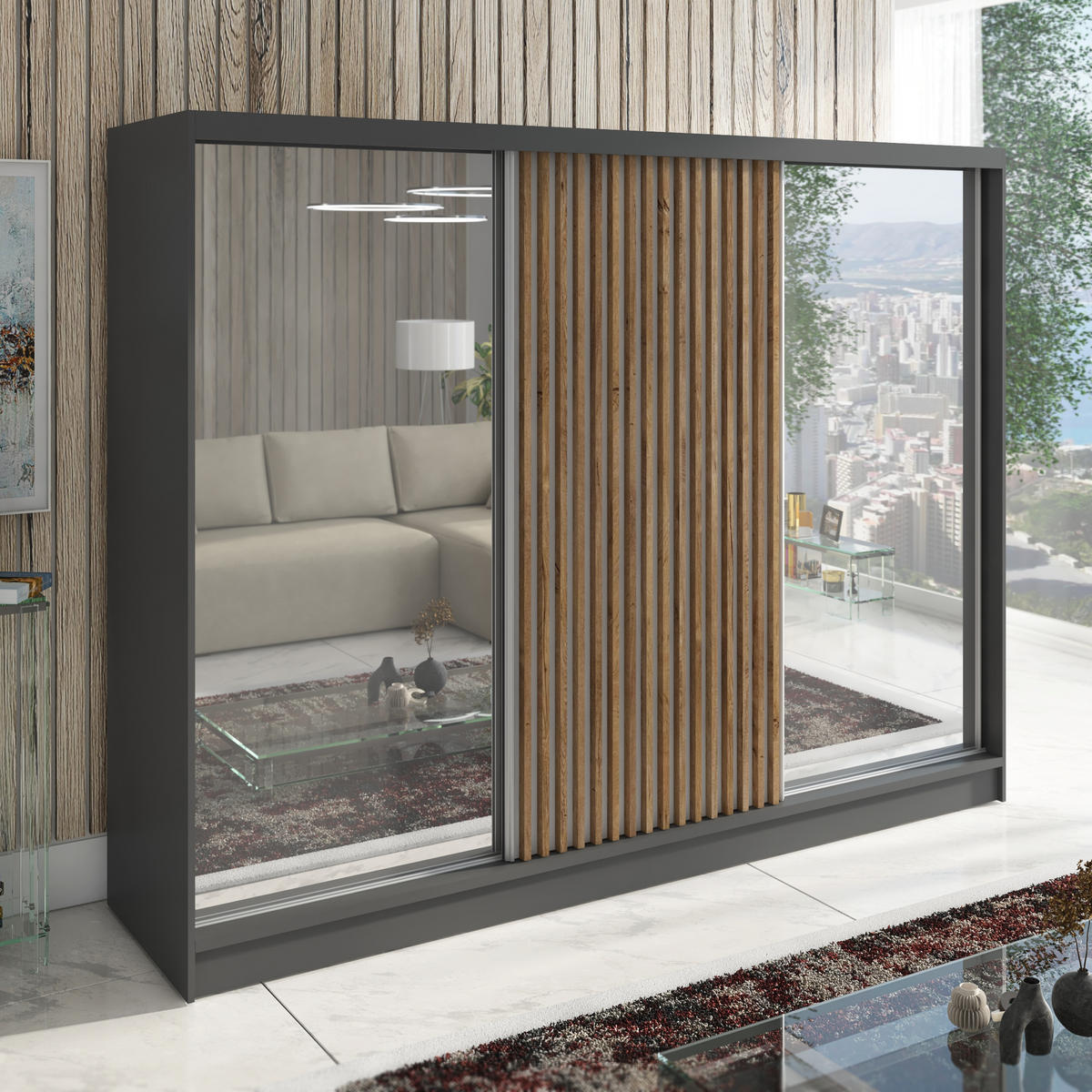 SCHWEBETÜRENSCHRANK 200 CM DIVER Farbe: Graphit - Graphitfarben, Holzwerkstoff (200/215/59.5cm) - A&J MöbelLand