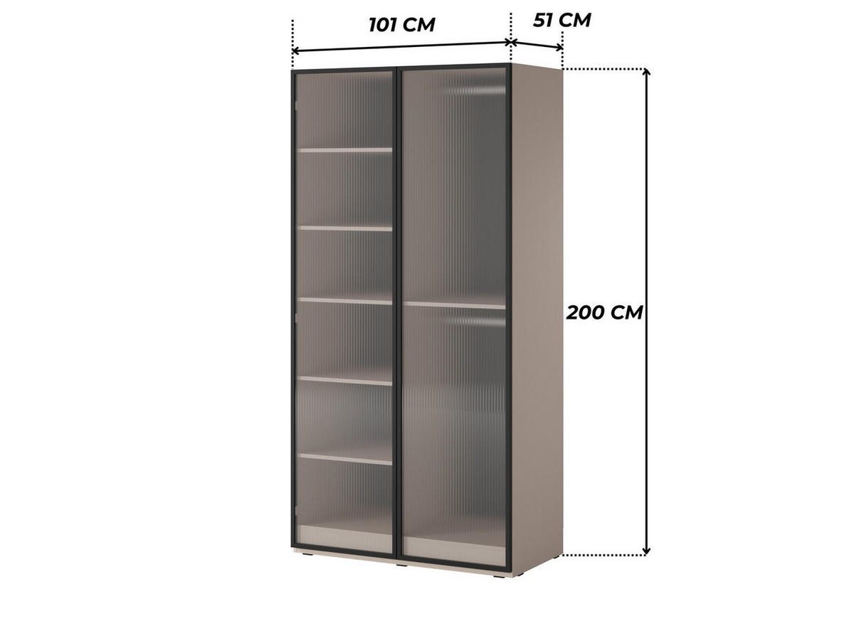 KLEIDERSCHRANK ZEN (Modular, Beige Matt, Geriffeltes Glas Flutes, 2-türig) - Beige/Schwarz, Holz/Holzwerkstoff (101/200/51cm) - Ravio