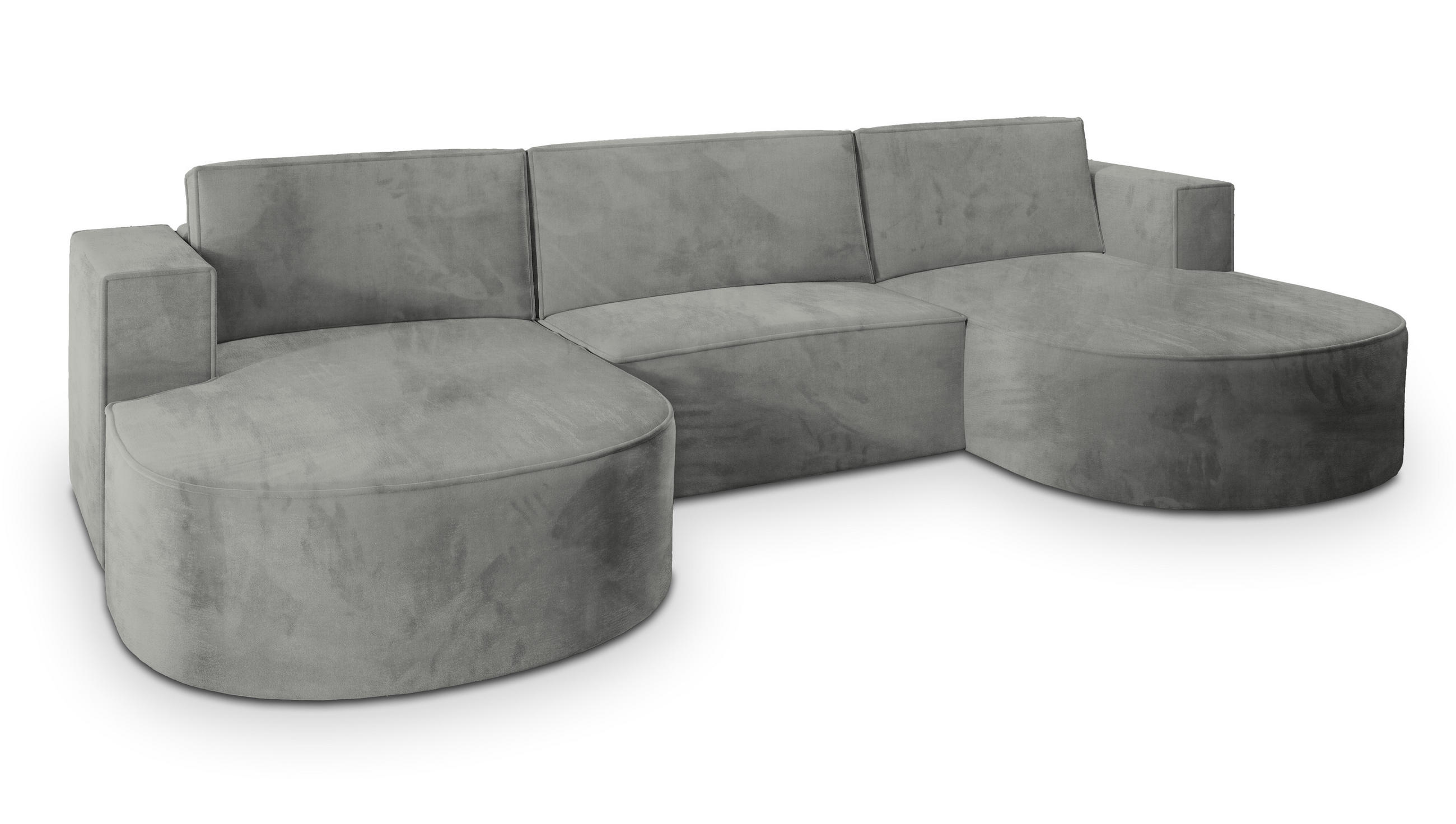 WOHNLANDSCHAFT VEZZO M Hellgrau Velours-Stoff mit Schlaffunktion - Hellgrau, Holz (347/85/174cm) - MASSENO