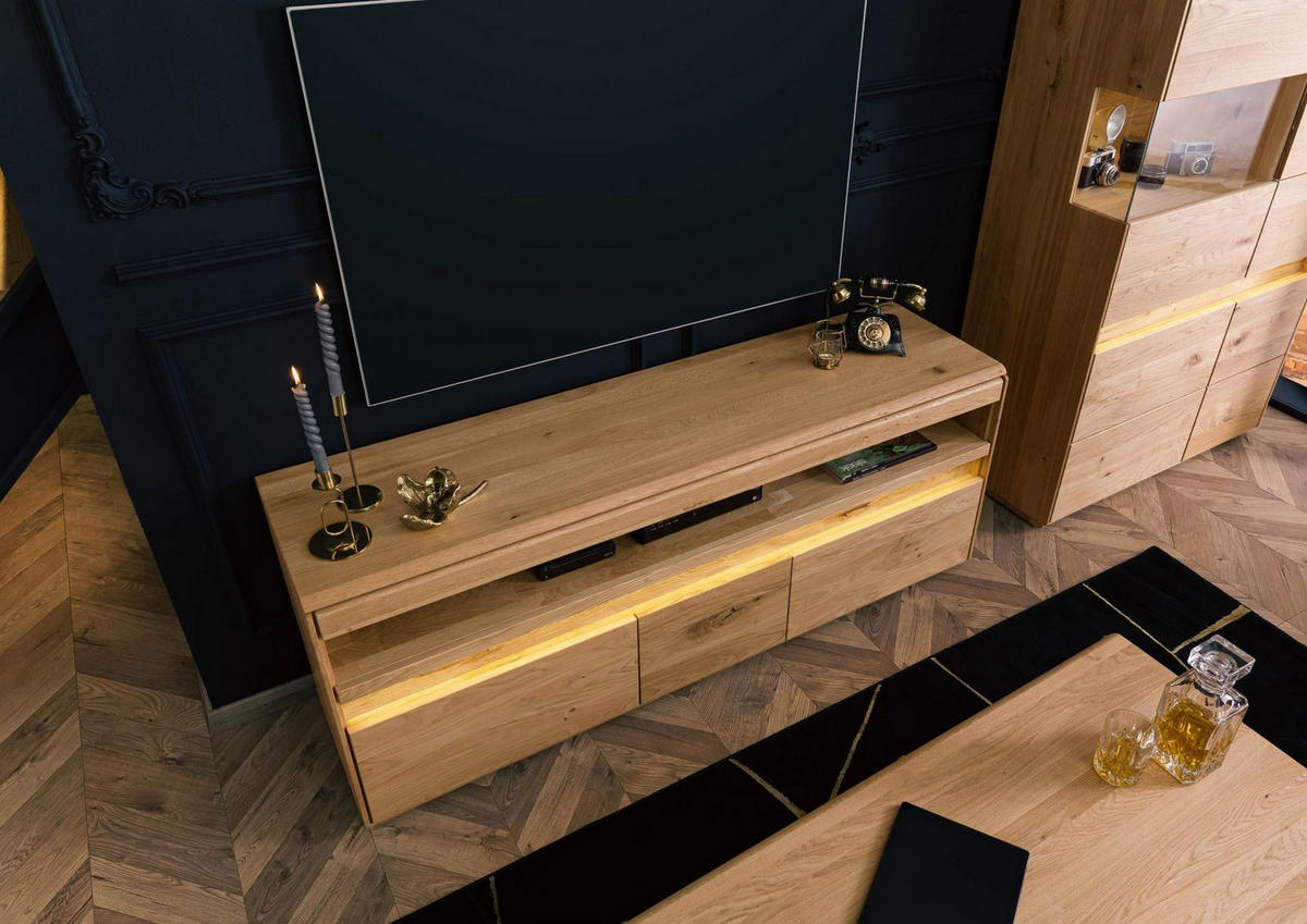 TV-BOARD Wildeiche inkl. LED 165x43,5x63 natur geölt CARDIFF #140 - Naturfarben, Holz (165/63/44cm) - Massivmoebel24