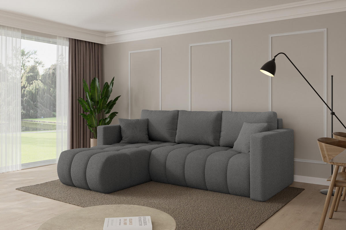 ROHOVÁ SEDAČKA s funkcí spaní, otoman vlevo GARD-L 226x146x85 šedá bouclé - šedá/černá, kompozitní dřevo/textil (226/146cm) - ALTDECOR